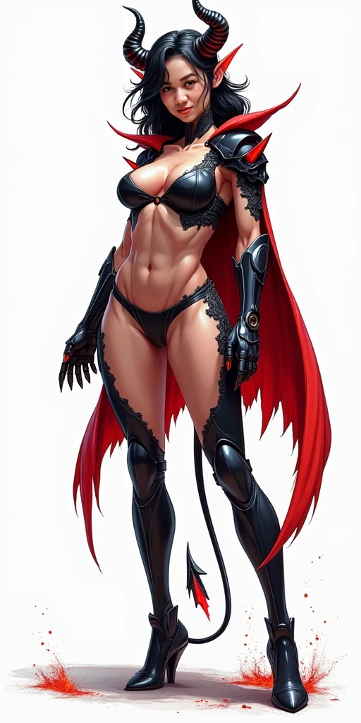 (((medium shot))). Drawing of ((best quality)), ((masterpiece)), (detailed), perfect face, Gothic pale skin female, solo wearing a black leather corset with laces, (((belts))), red cape, red ribbon, lipstick, dark purple hair in a ponytail, perfect anatomy, dominatrix, slender figure, ((black garter belt on hips)), midriff exposed, ((squeezed cleavage:1.1)), hourglass waist, angular face, defined cheekbones, (dark stockings), dark gauntlets, heavy makeup, choker, collar, shadow over eyes, looking at viewer, black thigh highs, black lingerie, medium shot, lighting, artwork, blank background