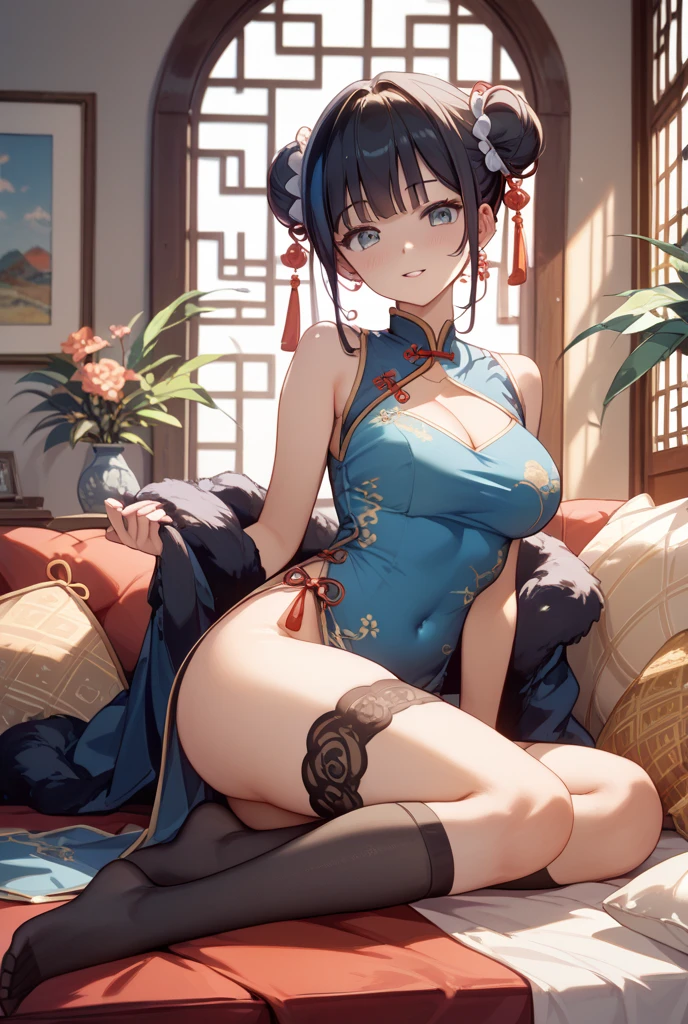 Masterpiece, Best quality, A high resolution, 超A high resolution,anime big breast,1 female,mid afternoon,Natural lighting,view the viewer,indoor,full bodyesbian,Hat,cheerfulness,lying down,chinese clothes style,Bra,Stockings,sky,flower,Plump body,Oval face,High ponytail,Long hair,details eyes,details lips,Large breasts,Slim waist,Slim thighs,anklet
