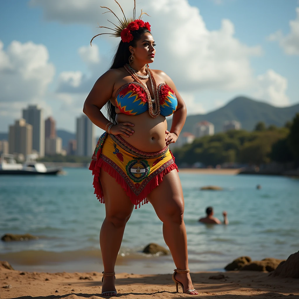 Beautiful Cherokee Indian woman with beautiful emerald headdresses, blackw, doradas, cobre, Pearl, white and beige, feathers made of bright neon of various colors, flares on camera, bokeh, full moon night