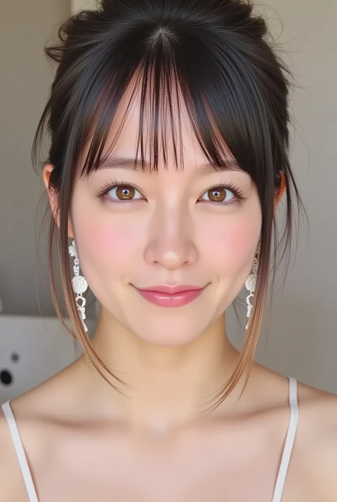 ((The Ultimate Beautiful Japan Married Woman))、mature、beautiful features、eye:1.3), ブラウンeye、detailed lips, 非常に詳細な美しいeye, double eyelid, long eyelashes、(huge breasts), (curve), split lips, beautiful teeth, blush, captivating gaze、enchanting smile, (brunette hair up), (Sexy short silk dress with perfect fit), Futomo, sexy pose, 詳細なWith background, With background: (celebrity mansion)、realisticなWith backgroundとアクセサリー、((cowboy shot))、(Advanced depth of field)、((masterpiece))、((highest quality))、picture、reality、Photoreal、High level image quality、super detailed、realistic lighting, realistic