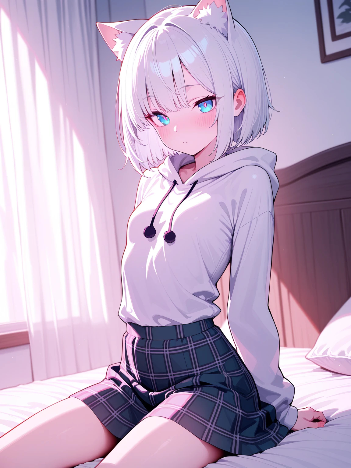 Ultra-high image quality,Look at viewers, hands behind back, girl with, 20 years old, Very short hair, long bangs between eyes, pale blue eyes, Hoodie, Skirt , Extremely detailed,(​masterpiece、top-quality)、report、White hair、A smile、White skin as clear as snow、Fantastical, Silver hair, Black eyes, Beautiful eyes,, Ecstasy, charmed, be smitten with audience, Hoodie, White hoodie,a black skirt,Hair is short,look down from above,(masutepiece, Best Quality:1.1),report, 1girll, Curve,White jacket, Casual style,Open jacket, Fluttering hair、a small face、hason、Bright smile、(parka、white sneaker fingers、Human hand)、(Detailed face) 、(top-quality: 1.4、tmasterpiece、 hyper HD、 Top resolution,、Very detailed、 profetional lighting、 Gray Light Lighting,fantastic landscape, Sunlight,Shoulder out,inside in room,on the beds