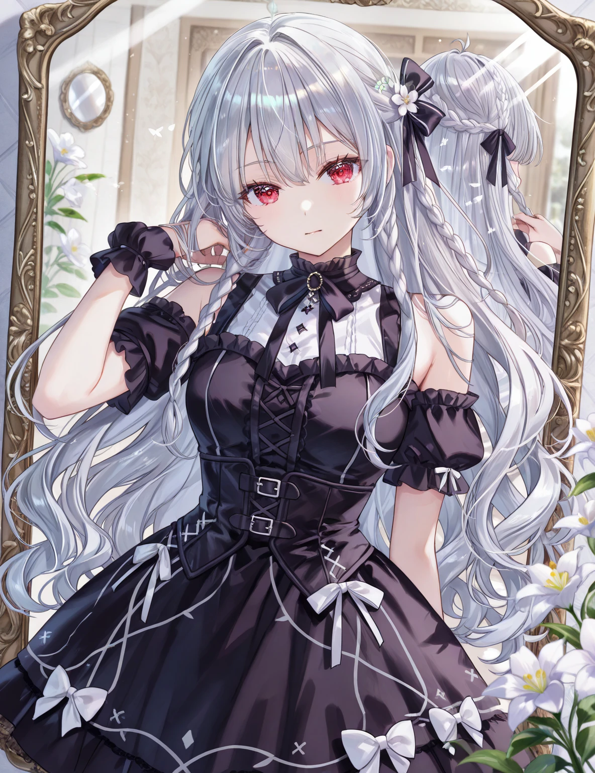{huge_filesize},{best quality},{highly detailed},{ultra-detailed},illustration,masterpiece,{twintails},grey hair ,lolita_fashion,gothic_lolita,white_thighhighs,high heels,{demon horns},upper_body,an extremely delicate and beautiful girl,beautiful detailed eyes,ultra-detailed,glowing eyes,extremely_detailed_eyes_and_face,extremely detailed CG unity 8k wallpaper,finely detail,Bright stars,an extremely delicate and beautiful,extremely detailed
