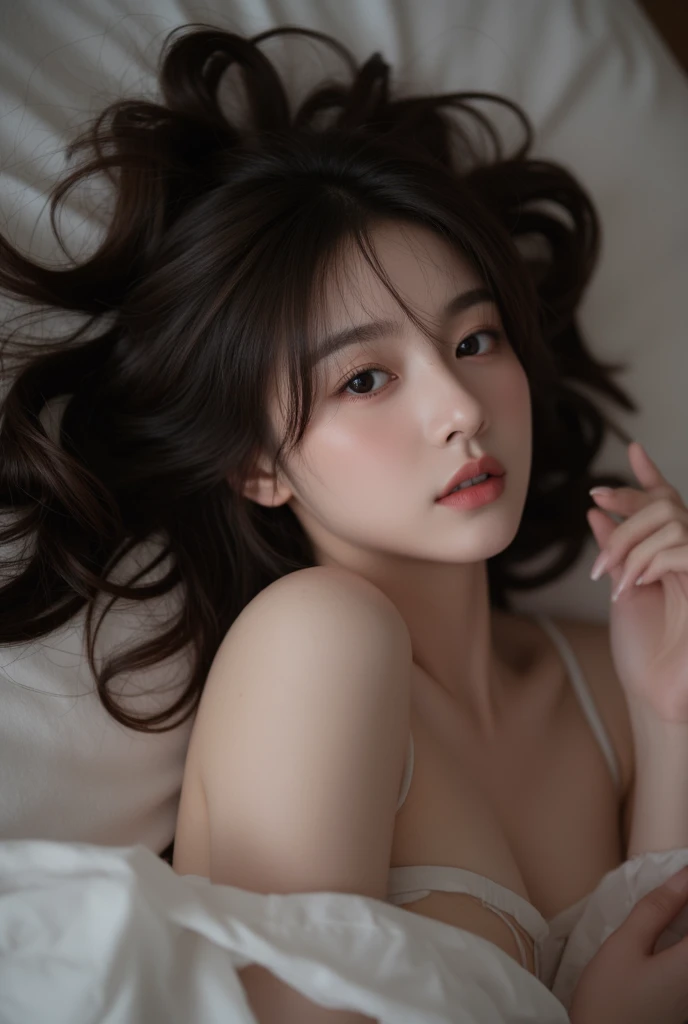 8K high image quality), (top-quality), (RAW image quality),(masutepiece:1.2), (Realistic), (Photorealistic:1.37), extremely detailed CG Unity,super detailed, master piece, Realistic, photos realistic, extremely detailed cute girl, 20yr old, (White Nightgown), (blush) ,Large breasts, Sleeping soundly , bed , lay down , Curly hair,very clean feet,fullbody image,Sleeping on your back,Sleep deeply,Use the bed widely to sleep