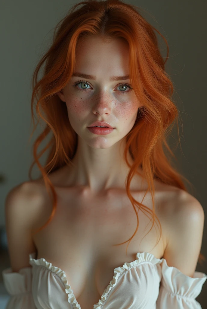 portrait of a beautiful teenager, small breasts, intricate dress, soft smile, red lips, ginger hair, green eyes, realism, digital painting, concept art, smooth, sharp focus, rule of thirds, Style-Psycho