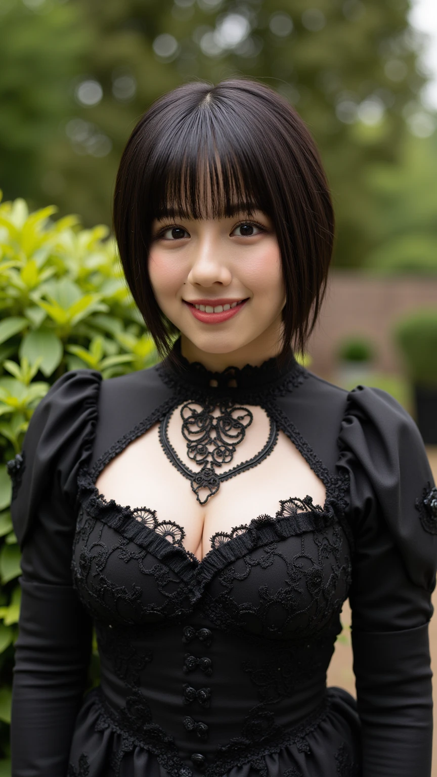 Gothic ta、a smile、short-hair、⦅Colossal tits:1.2⦆,⦅Skin revealing⦆、Breast Pulling Pose、absolutely outstanding image, very extremely beautiful、masterpiece, top-quality,a picture, kawaii、8K、In the church of Gothic architecture