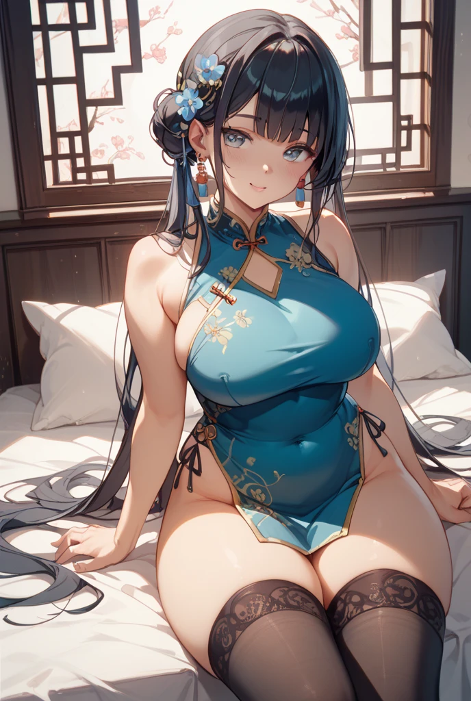 White Chinese Dress、High leg、High Slit、Black high heels、Dark green twin tails、Aerial、Uplifting、breast、Cleavage