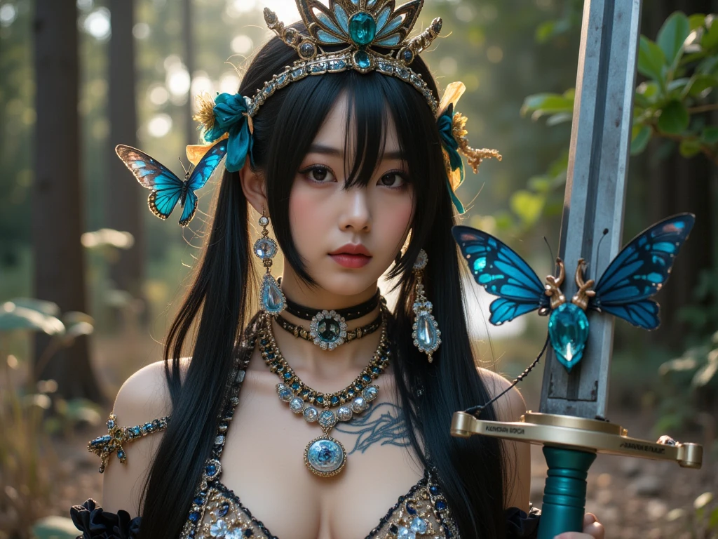 Professional , ​masterpiece、top-quality、photos realistic , 、top-quality、超A high resolution、(Photorealsitic:1.4)、Raw photo、depth of fields （Gemstone Gold Metal Body:1.9),(Matte White、Toostock、cleavage of the breast、（cleavage of the breast）、（Detailed Dragon Armor）、（Have the strongest weapon）、（(Random Hairstyles 1.6),Dark Fantasy,）explosions、intense fighting、（Precipitous cliffs),Dragon Gold Weapon,Mystical expression、Particles of light、Fight dragons、（Detailed Dragon Helmet),Gorgeous Silver Weapons ,（（ Dragon's dense and gorgeous sword）） , Beautiful knife   ,warhammer 40k ,Detail and gorgeous crown、（（Blue hair））、（Castle background）、、（（Gangle's forest background））、Beautiful Caucasian beauty、１a person、dynamic ungle,((()))、Smaller head、A smile、Castle background、Thin and beautiful female hands、cleavage of the breast、Soldier in iron armor on background、Mystical expression、Light Effects、intense fighting、Wind-effect、magic circles、With the legendary magic wand、（demonic wings）、Toostock、