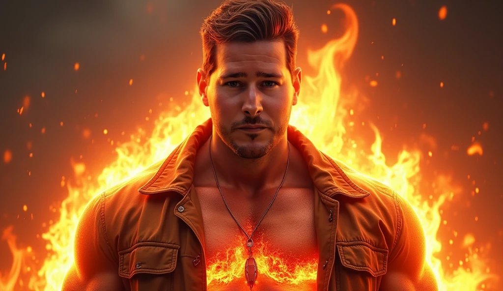 An illustrated movie poster, hand-drawn, full color, a male gluttony demon, 28 years-old, shirtless, covered in soot and motor oil, reddish skin, stocky physique, protruding belly, slightly chubby, deep brown eyes, wide bulbous nose, full lips, black hair, curly hair, thick bushy eyebrows, extremely hairy chest, stomach, and arms, lots of body hair, surrounded by fire, hard shadows, graphite shading, stencil markings, airbrushed acrylic paint, masterpiece