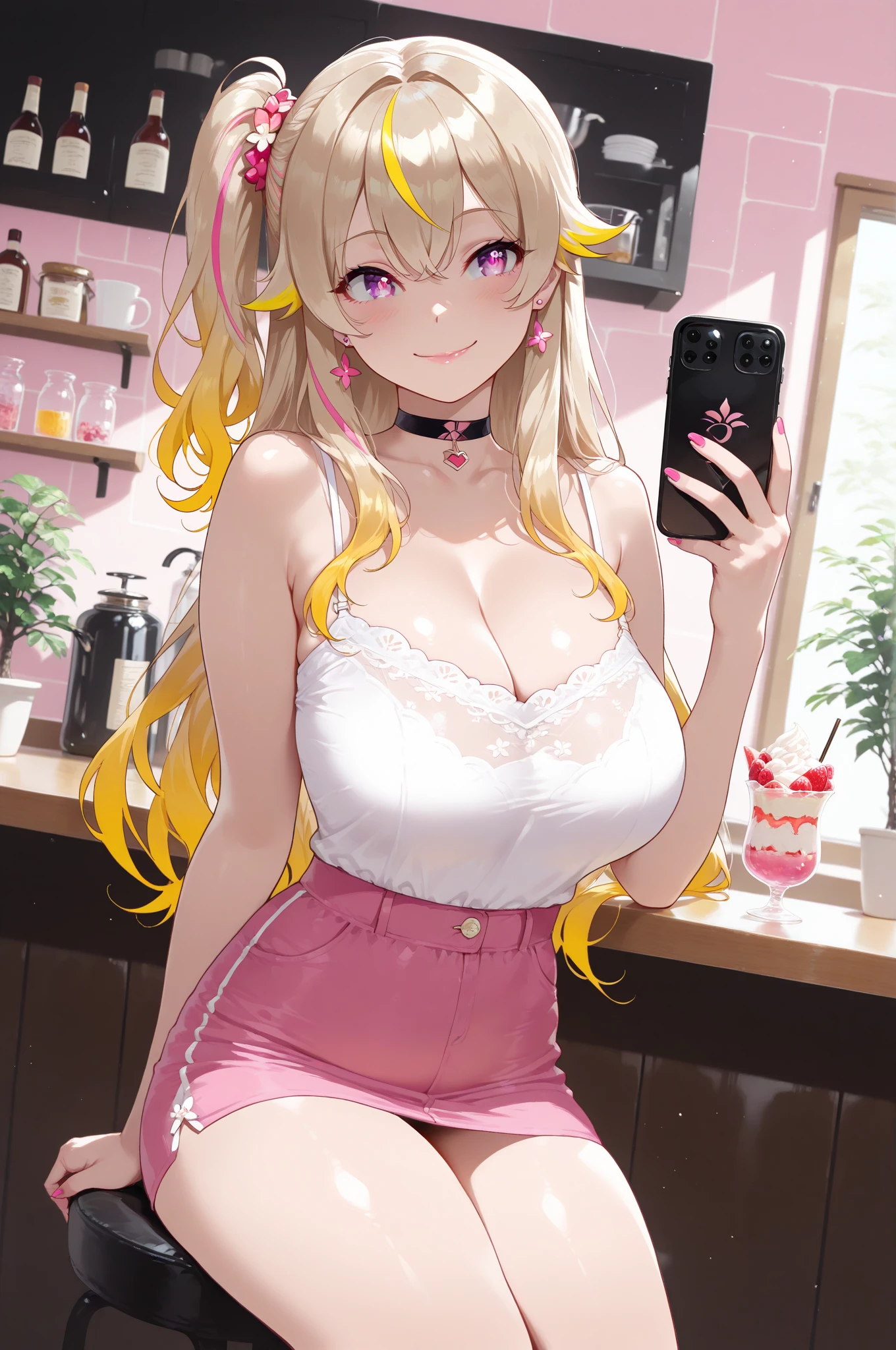 Girl with pink hair, long double-tailed hairstyle, ((small pink bushy eyebrows)), wearing lolita clothing, marked vagina, lolicon (Zankuro) drawing style by zankuro artist, Zancro style, image uploaded to R34, flirty smile , ((showing the pubes)) in a restaurant, facing the camera, camera from above, looking with a very flirtatious face, with her breasts out, inviting to have sex with her legs open, stretching her hands to be taken in her arms