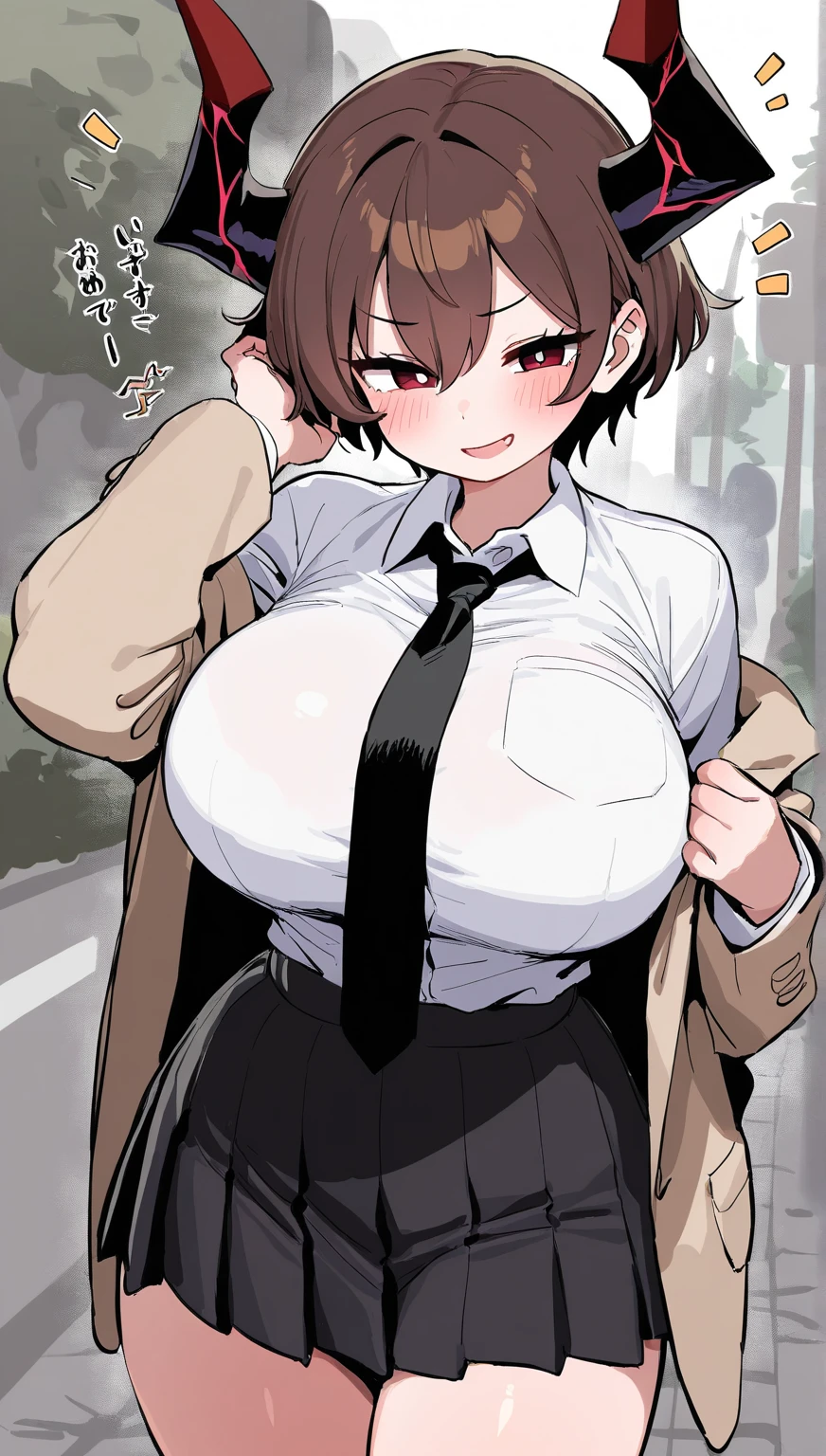 , ((High resolution)),masterpiece, high quality, 最high quality, beautiful, perfect lighting, detailed face, super cute face, ((1 girl)), ((alone), short brown hair, brown eyes, embarrassed look, ((blush)), looking at the viewer, ((Forehead))、:d、parted bangs、asymmetrical bangs、put your hand on your waist, standing in the city, daytime, white sci-fi suit, (tight clothes), (Chubby), (thigh height), (wide hips), ((thick thighs))、huge breasts,、cleavage, perky chest, 24 year old female、(((legs spread)))、