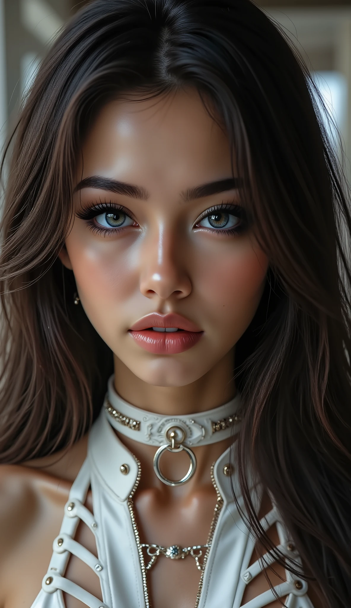 (photorealistic Realism 16K Quality), ultra-detailed, UHD, (ultra absurd quality, extremely detailed detail, hyper resolution, clear sharp focus, not blurry, Realistic black_eyes:1.35), (perfect dark_eyeshadows),Depth of field, cinematic light, Lens flare, dslr, best high quality soft lighting, sharp focus captured by Fujifilm XT3, f 5.6, in a dramatic lighting, ((view the viewer:1.3)), (extremely beautiful face, beautiful lips, beautiful eyes), intricate detail face, ((ultra detailed skin)), 1girl, Very stretchy, (loose pants: 1.4), (without bikini, white, (translucent), airy pants), (Top with a deep neckline), connected with ((centrally o-ring: 1.25)), (Glamour, paparazzi taking pictures of her), ((High Contrast)), ((Beautiful girl with ((long legs:1.2)) in good style:1.22)), BRAKE ((black|high-heeled (lace-up) over-the-knee boots), intricately detailed), medium ass, ((layer cut: 1.3)), ((Whitens skin, slim face)), slim belly: 1.2, (well-muscled body:1.3), The attention to detail, Double eyelids, (Erotic:1.3), satisfaction smile, gorgeous appearance, electrifying appearance, ((Dynamic pose: 1.4)), ((sharp focus)), ((very intricately details design of fantasy outfit:1.35)),{((full body shot:1.93))}