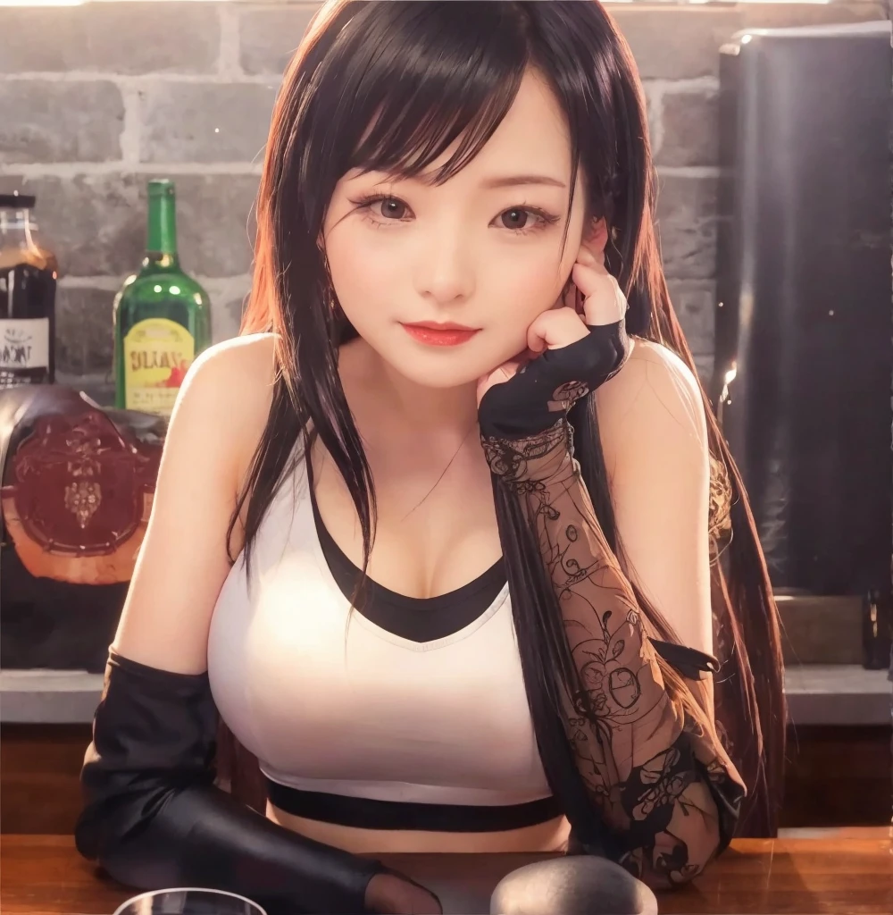 (highest quality, masterpiece: 1.1), (Realistic: 1.3), break (((ff7,Tifa_Lockhart))),Highly detailed face, Detailed red eyes,(Light brown hair, Big Breasts: 1.2),(dark, casino, Poker Table:1.3), break (Playboy Bunny,Black Bunny Dress),Dressed ,(No bra) ,(No pants), (Small beautiful hard nipples), (Shiny oily skin), Around 18 years old, break ((stringy viscous liquid)), Sensual, squinting,half closed eyes,embarrassed,blush,half open mouth,from above,close up