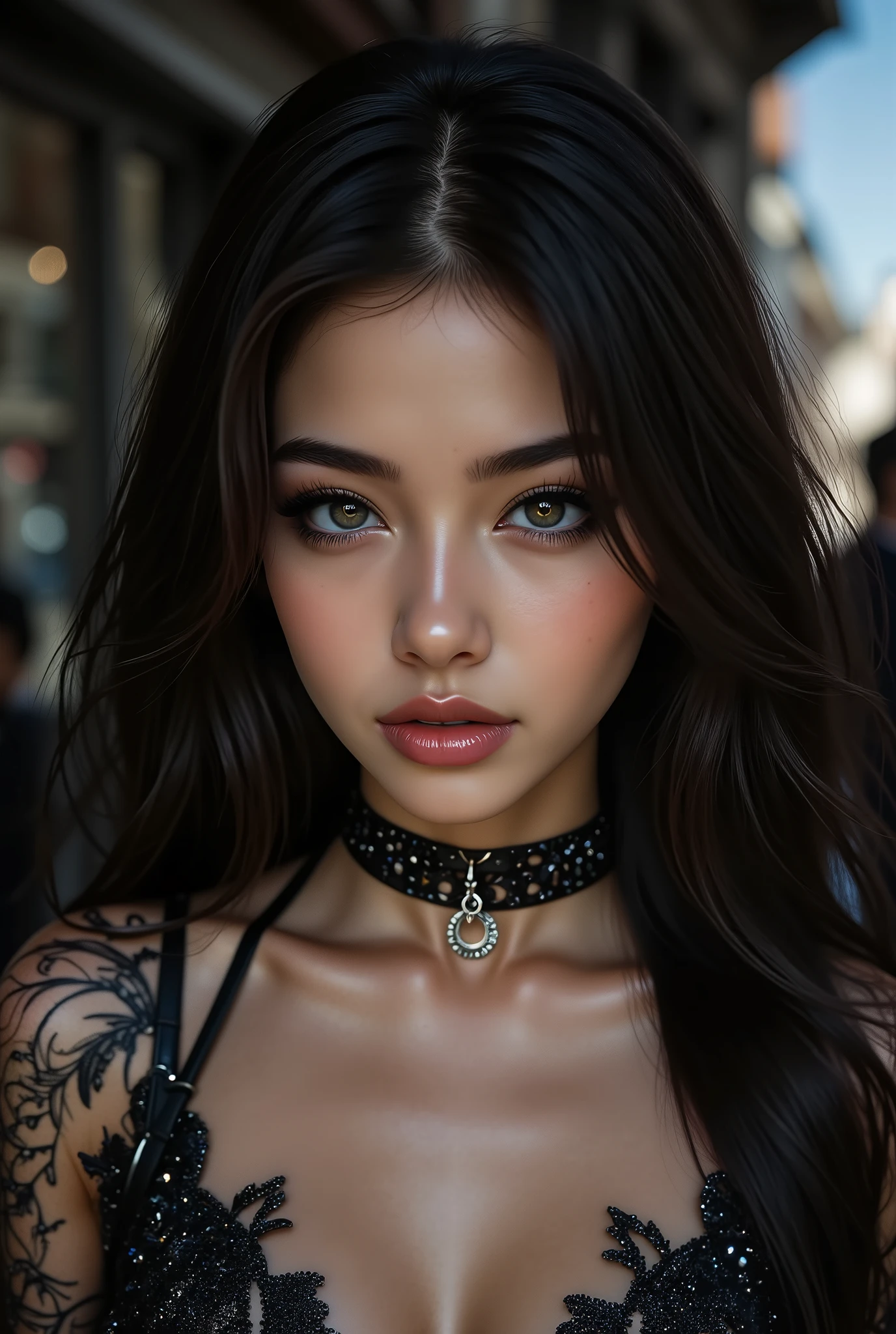 (photorealistic Realism 16K Quality), ultra-detailed, UHD, (ultra absurd quality, extremely detailed detail, hyper resolution, clear sharp focus, not blurry, Realistic black_eyes:1.35), (perfect dark_eyeshadows),Depth of field, cinematic light, Lens flare, dslr, best high quality soft lighting, sharp focus captured by Fujifilm XT3, f 5.6, in a dramatic lighting, ((view the viewer:1.3)), (extremely beautiful face, beautiful lips, beautiful eyes), intricate detail face, ((ultra detailed skin)), 1girl, Very stretchy, (loose pants: 1.4), (without bikini, white, (translucent), airy pants), (Top with a deep neckline), connected with ((centrally o-ring: 1.25)), (Glamour, paparazzi taking pictures of her), ((High Contrast)), ((Beautiful girl with long legs in good style:1.22)), BRAKE ((black|high-heeled (lace-up) over-the-knee boots), intricately detailed), medium ass, ((layer cut: 1.3)), ((Whitens skin, slim face)), slim belly: 1.2, (well-muscled body:1.3), The attention to detail, Double eyelids, (Erotic:1.3), satisfaction smile, gorgeous appearance, electrifying appearance, ((Dynamic pose: 1.4)), (((sharp focus))), ((very intricately details design of fantasy outfit:1.35)),{((full body shot:1.53))}