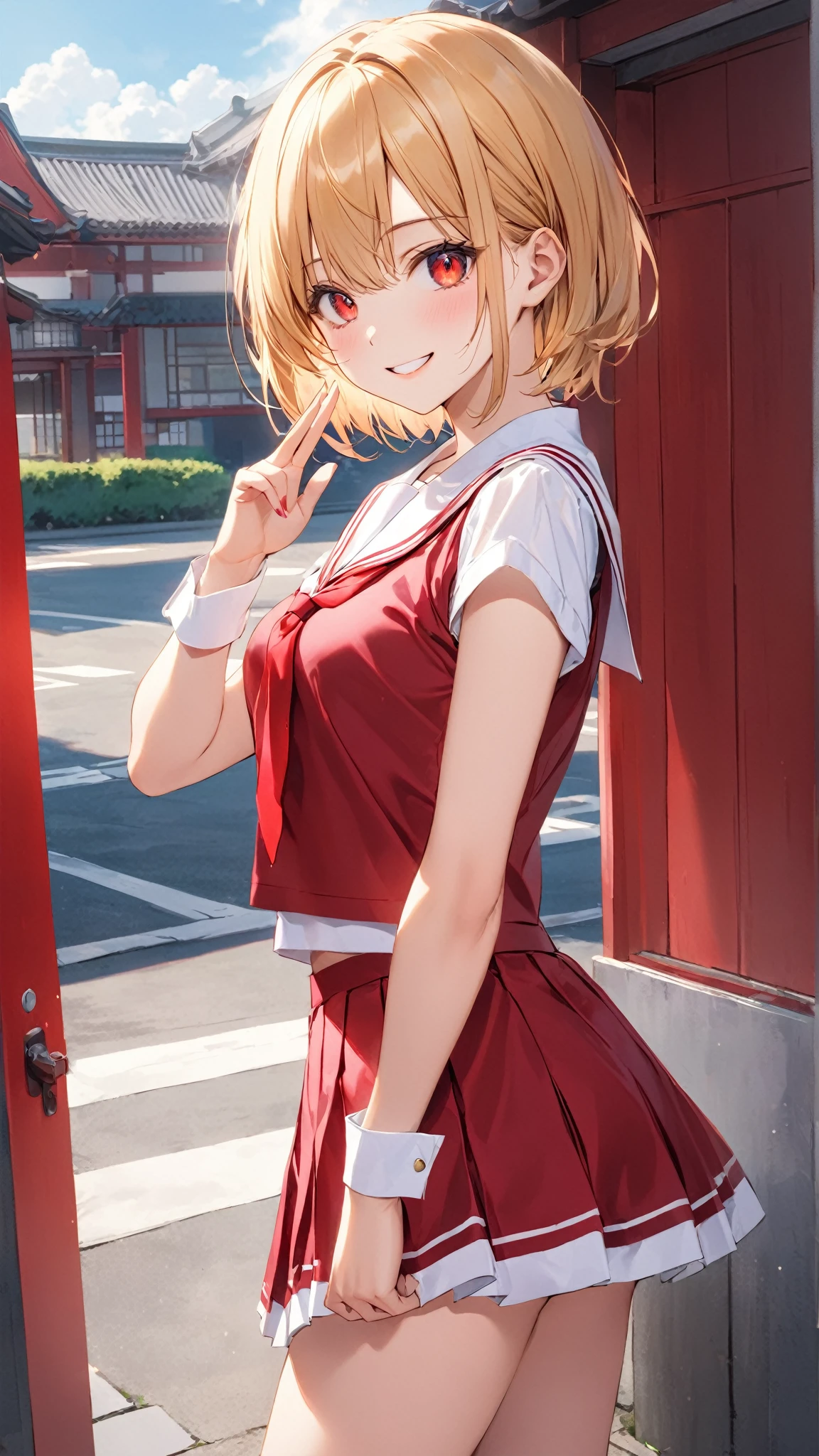 (red ribbon on hairband:1.2),masterpiece, best quality, highres, 1girl, solo, Blonde hair, RED eyes, mole under eye, band uniform, sleeveless, white gloves, knee boots, cowboy shot, hand on hip, smile, open mouth, outdoors ,((((skirt lift)))),((red color panties)),(kneeling, on all fours:1.2), (looking back, looking at viewer:1.4), (sticking out butts:1.2), outdoors, dutch angle