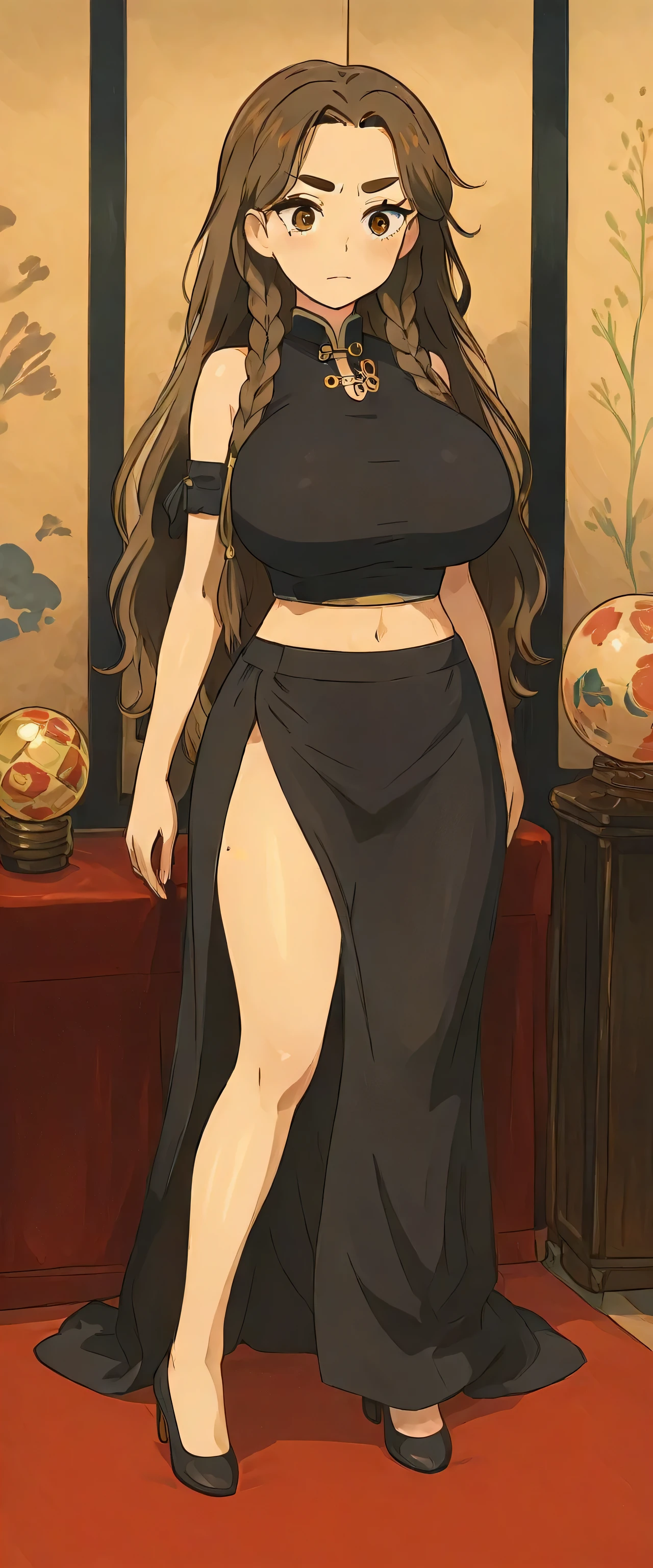 A sexy girl beautiful big breasts beautiful dark brown hair long wavy ball on top braids china her light brown eye large eyebrow wide eyelash long large dresses top black vest Asiatica china shows navel and a black skirt Asian dress legs thigh black heel small arm armband spine