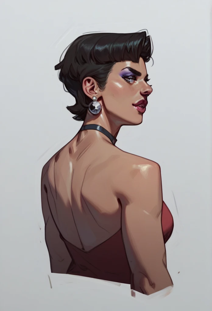((1girl, solo ,alone, ino yamanaka, yamanaka_ino, blue eyes, black hair, ponytail, painted nails, gold bracelets, ruby earrings)), ((solo, 1woman, pink lipstick, Extremely detailed, ambient soft lighting, 4k, perfect eyes, a perfect face, perfect lighting, a 1girl)), austere, ((black lingerie, lace lingerie, thong, black pantyhose, lace pantyhose, garter belt, Louvre Museum, painting in the background, looking back)), Chichi DBZ,big ass