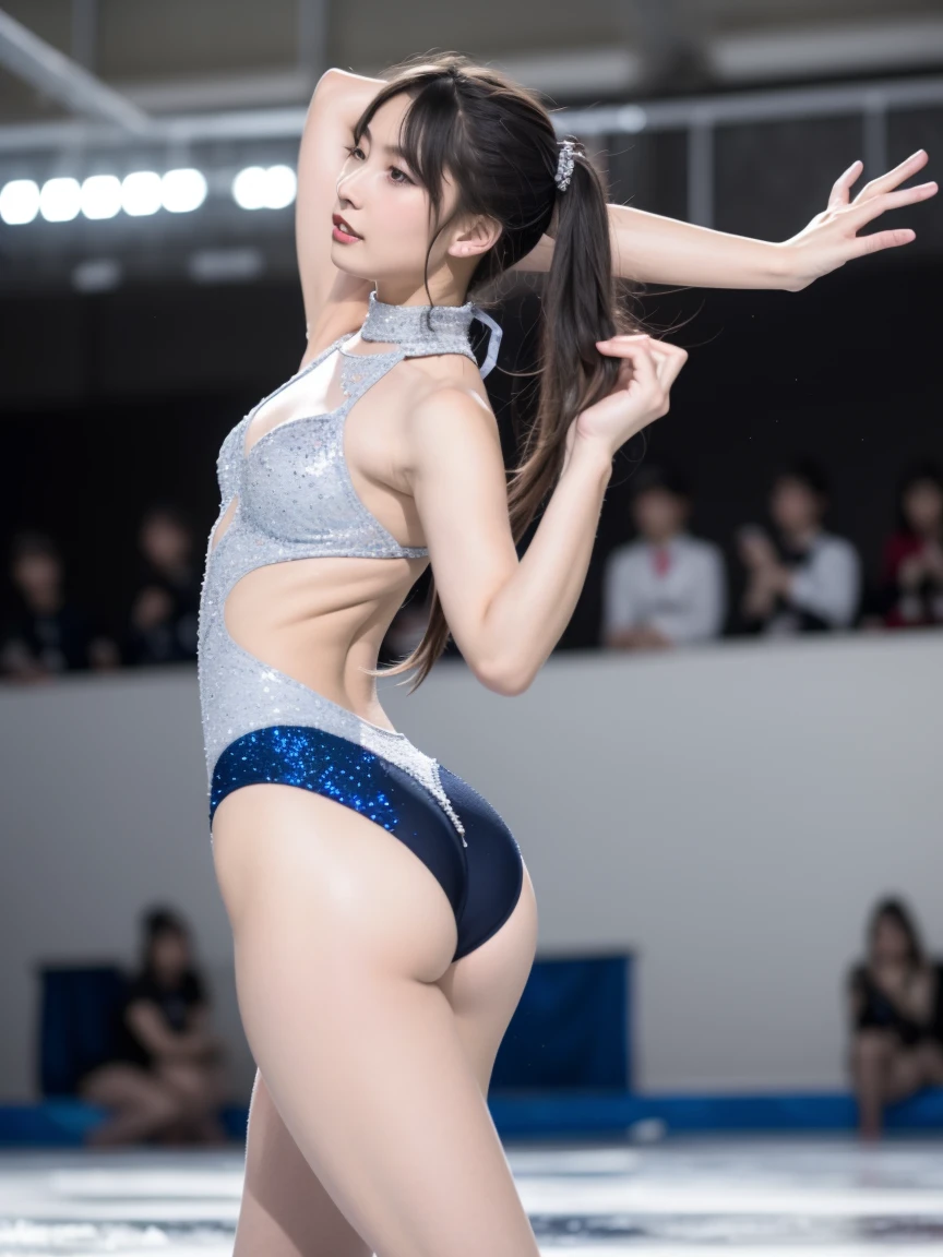 (smile))、Confused、RAW Photos、(((The ultimate portrait masterpiece)))、((The cutest girl in the world:1.4))、1 girl、12 years old、Japanese、Cute face、((Silky Hair))、(A high ponytail tied with a ribbon:1.4)、((Super huge breasts:0.3))、((Eyes that shine like jewels))、Glowing Skin、(young woman),Thin ribbon、(Uniforms made from high-quality fabrics:1.4)、Ultra-detailed uniforms、(She shyly pulls up her skirt:1.3),((Crotch from the front))、A skirt fluttering in the wind、eyeliner、Beautiful Bangs、Hair between the eyes、((solve、High resolution))、Detailed Background、8 KUHD、Digital SLR、Soft Light、high solve、Film Grain、Fujifilm XT3、Shallow depth of field、自然なSoft Light、Narrow waist,(Beautiful girl with sparkling eyes:1.4),(A big bust that seems to burst:-0.5),(You can see the shaved pan:1),(Very beautiful shaved pussy:1),(The idol-like cuteness of high school girls:1),(Professional figure skater female:1.3),,(A very old and worn out pussy:0),(During the ice show),(Crouching on the ice:1.3),(Open the vulva of the vagina and explain the entrance to the internal genitals:1.3),(Open the vaginal vulva、Describe the internal genital opening:1.3),(On all fours from behind:1.5)