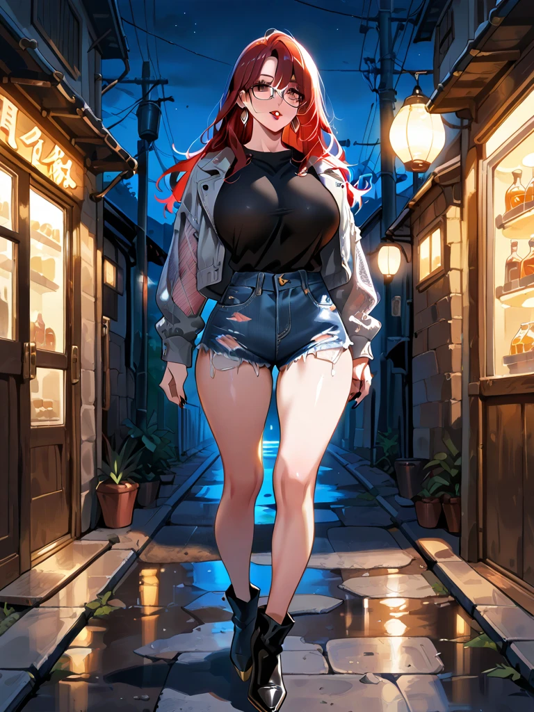 ((huge breasts, wide, small head)), light, light de sol, (Well defined abs: 1.1), (perfect body: 1.1), (by the wavy cut: 1.2), Red hair, neck, chain, Full body photo, Street in poor condition, wearing a transparent sleeveless shirt, denim jacket, ((Bermuda)), (extremely detailed CG 8k wallpaper), (extremely delicate and beautiful), (Masterpiece), (Best Quality: 1.0), (ultra resolution: 1.0), beautiful lighting, perfect lightning, realistic shadows, [high resolution], detailed skins, ultra detailed, camel toe 
