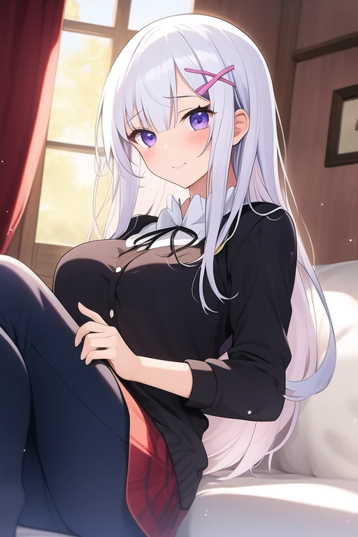 CG, unity, 8k, wallpaper, highest quality, masterpiece, lovely woman, 18-year-old, white hair, white skin, BREAK, white blouse, no shoes, sexy legs, sexy feet, (purple pantyhose:1.3), (Realistic:1.2), sitting on the bed, best lighting, complex pupils, complex textile, detailed background, There is a big window at the back, Beyond the window is a grassland and blue sky, morning, white room