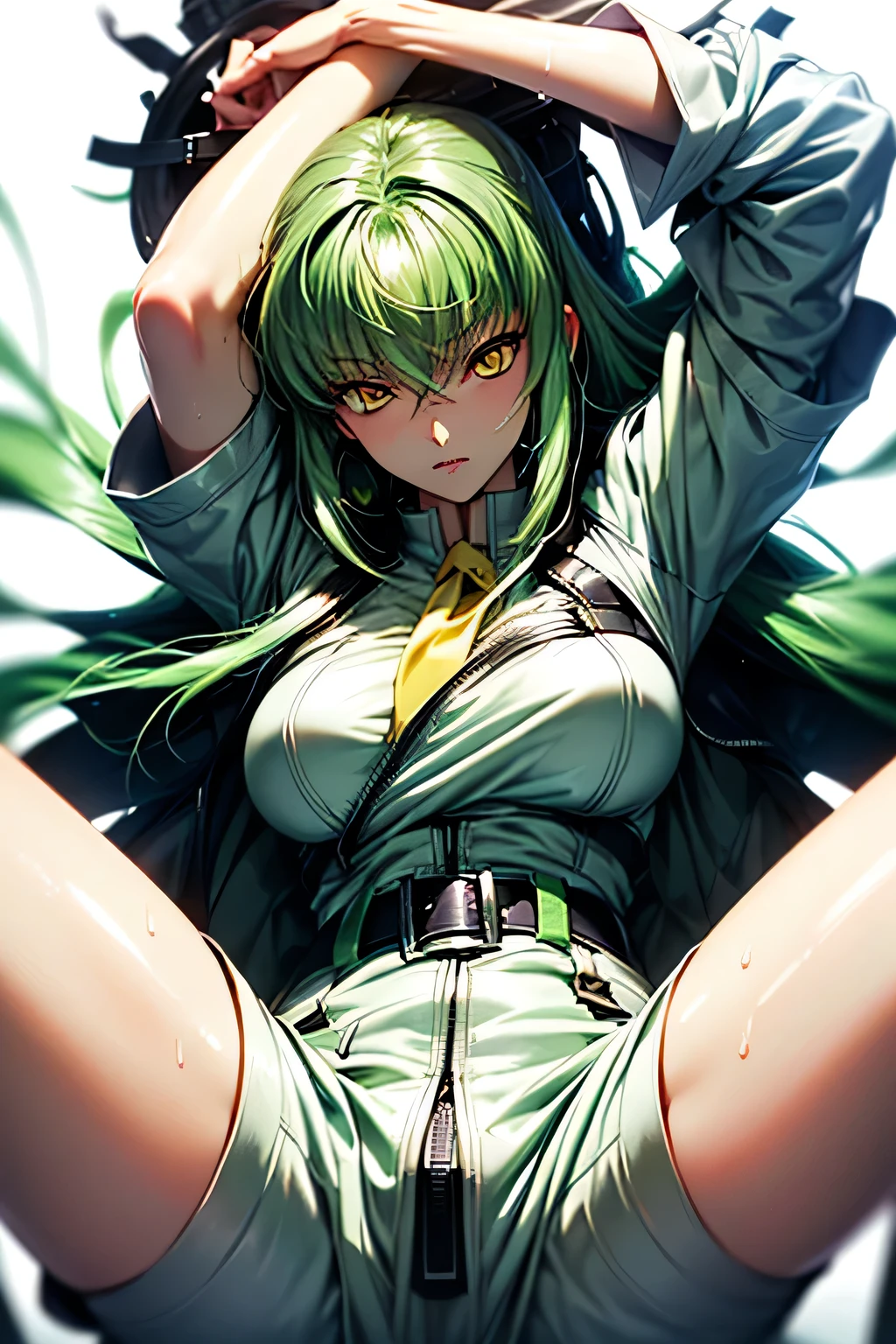 Create an ultra-detailed, best quality, high-resolution masterpiece sitting on bed with legs wide open, no pants, sweating, blush, perfect shadows, high quality shading, photorealistic, Green hair, fukua, Full HD, high quality, 4K, dark skin, Green eyes