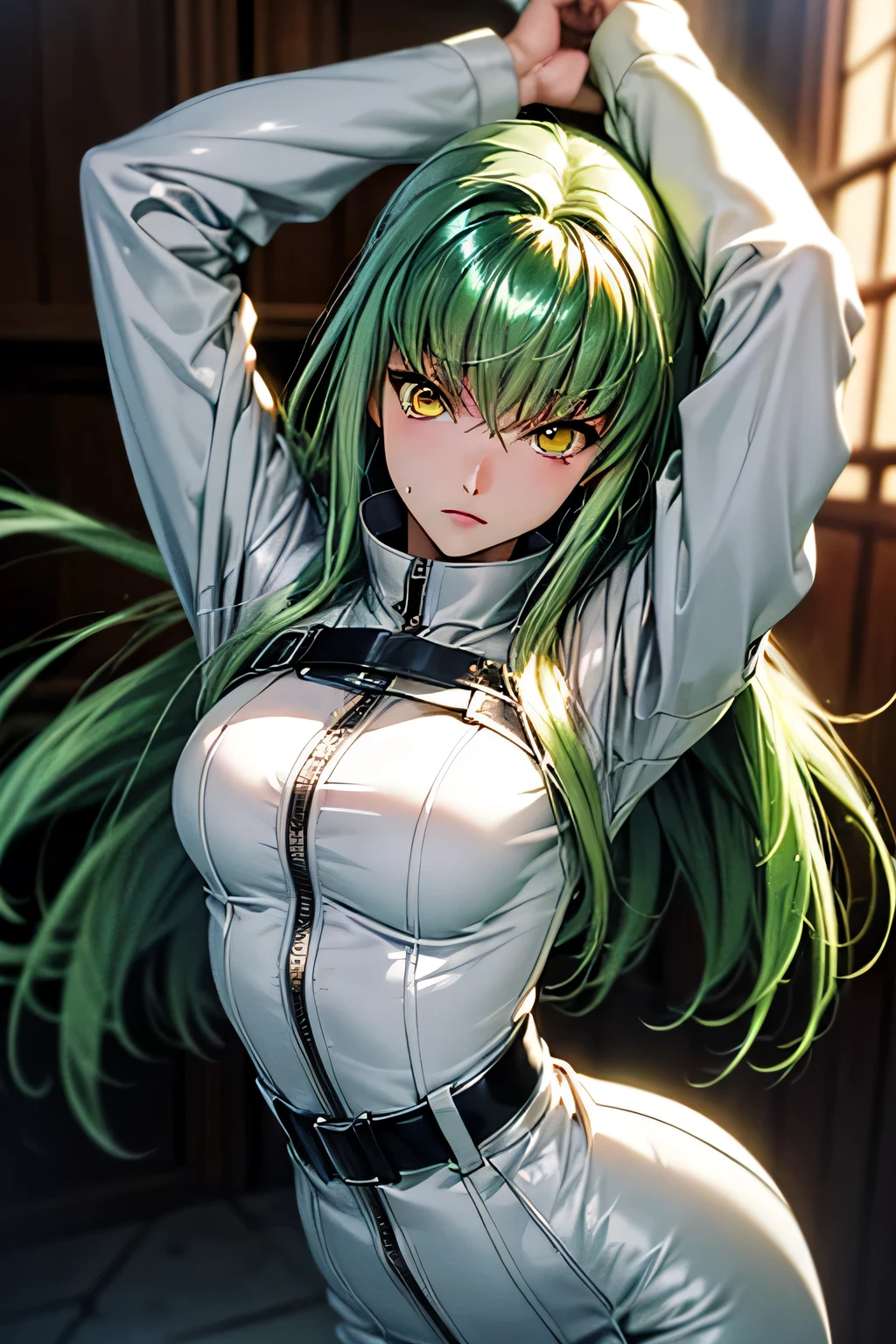 beautiful, (masterpiece), 最high quality, (extremely get used to it face), extremely get used to it eyes, perfect lighting, overall details, get used to it, deep skin, slicked back hair, long hair, green hair, type of eyes, slicked back hair, elbow bag, alone, looking at the viewer, one hand, verbal invitation, lifting shirt, saliva, saliva trail, latex suit, spy lady, wearing tight latex suits, high quality, Super high quality, Highly detailed CG Unity 8K wallpaper, High resolution, close your face, bondage suit, shiny bondage, cool girl, dog girl, cat girl