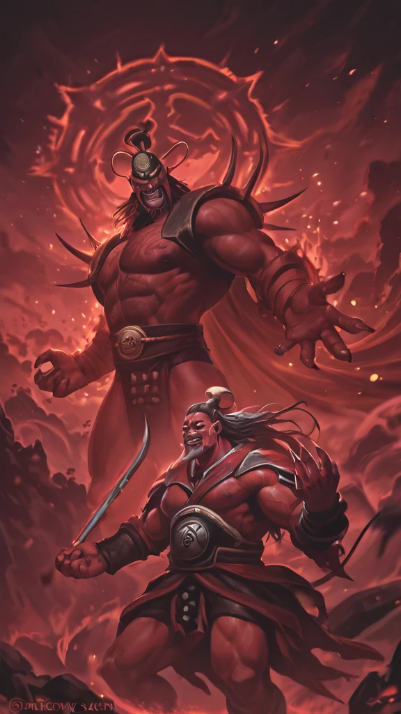 rpg character, half-human demon red skin muscular, long black hair, goatee and mustache, horns pointing forward, armour,big muscle