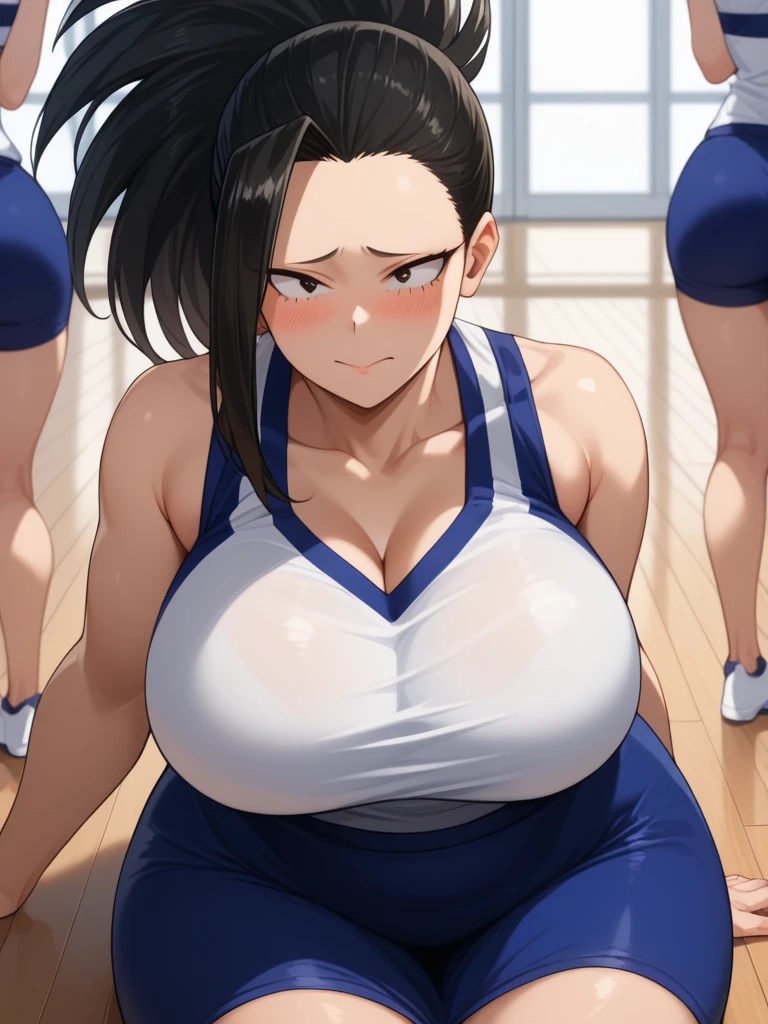 gym, workout, hot, sweating, sweaty, tan, big boobs, tan skin, flustered, blush, purple clothes, see thru, yoga pants, black hair, curvy woman, milf, older woman, sexy, sitting on exercise ball, gym ball, exercise ball, coach helpinh her up, (((coach reaching out hand))), reaching out hand, grabbing hand, (((holding hands))), hand holding, coach holding hands, curvy woman, hand holding,