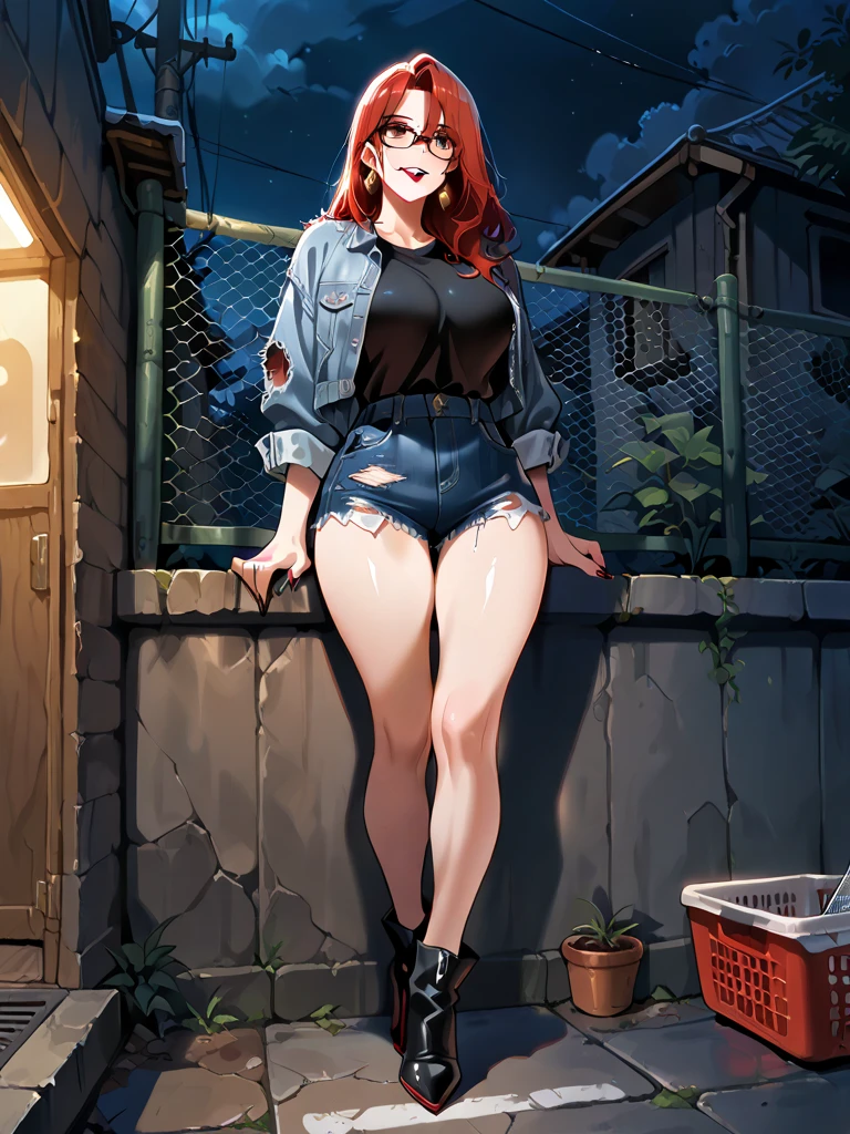 (large breasts 1.4), beautiful elf woman, ((Short Red Hair: 1.6, straight with shine)), bright blue eyes, bright eyes, double eyelids, light effect on eyes, detailed irises, sexy, curvy body, glasses,(( off the shoulder black crop top no logo or words: 1.6, choker, black lace panties, black high heels, legs exposed,)) ((lace panties, edgy sexy, Beautiful and cool, shorts)), ((work of art, hyper-realistic, hyper detailed, Best quality, 16k, light and shadow on skin, vivid colors), eyeliner, Thin eyebrows, Sensual expression, perfect lips, sexy mature face, ((skin with light and shadow) flirting seductively with the viewer, lots of freckles, full lips, extreme blush, smile, ((laying on back on a leather couch near balcony overlooking the city at night)), rays of light, masterpiece, ((biting lower lip)) ((View from side)),