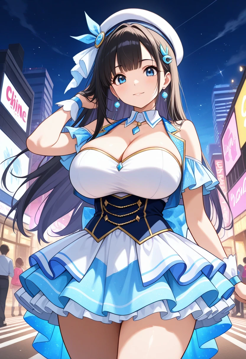 masterpiece:1.4,best-quality,Super Detail,Very Delicate and Beautiful, erotic photo, ( A beautiful orgasm woman boldly rolls up her skirt to show her panties ), sexy thong panties, garter belt, garter stocking, color dress, gigantic breasts, off-shoulder top, beautiful eyes, in the city