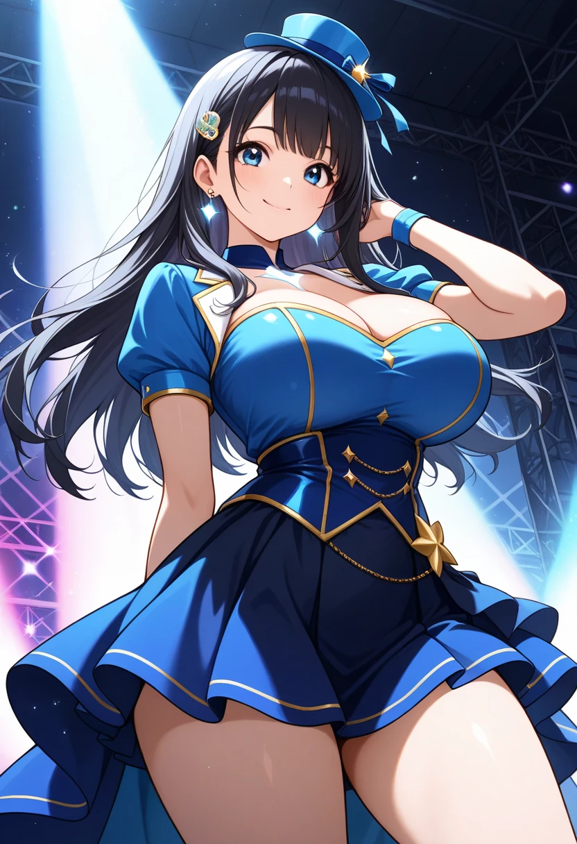 Limited to 1 female, (dynamic posing), Cheerleader (stylish clothes), mature woman, /(black hair/) bangs, blush and smile brightly, (Masterpiece of the highest quality:1.2) Delicate illustrations super detailed, big breasts(REAK with pom-poms /(court) Grass, outdoor, audience, (blue lace panties:1.3), show off panties