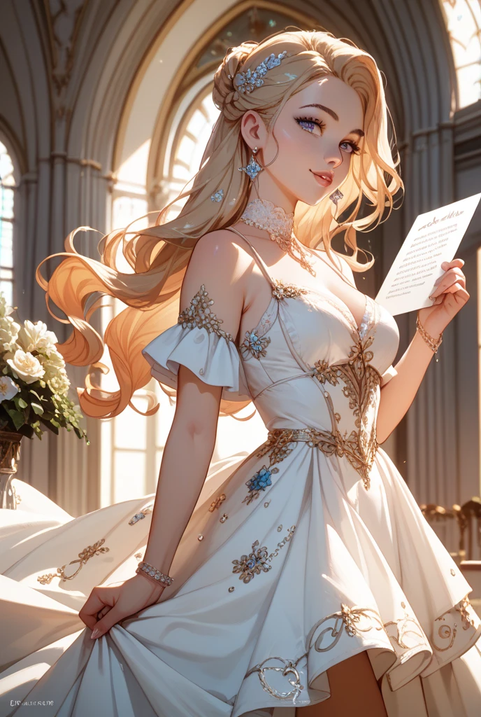 Falling into the human world、Describe an angel trying to adapt to modern human life, Including the moral challenges they face,((Beautiful flowers and butterflies on background々There is a,carafe)),Super detailed and accurate,The color of the dress is pink,