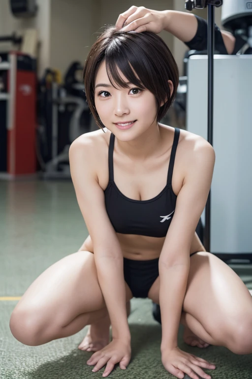 (Solo), (a detailed full-body RAW photo of a girl), (masterpiece:1.0), (Best Quality:1.4), (A high resolution:1.2), (Photorealistic:1.4), 8K resolution, Canon EOS R5, 50 millimeters,(20-years old), Sharp Focus, Cinematic lighting, Detailed beautiful face, (no-makeup:1.2), Detailed skin texture, flat chest, (fit body:1.6), Thigh gap, Detailed brown hair, (Very short hair:1.5), realistic glistening skin, (Sweating), Heavy breathing, (small tits, Cameltoe,), developed abdoment, (flat chest:1.5), Dynamic Pose, outside on track field, (hip fourcus:1.3), full body nudist, public hair.