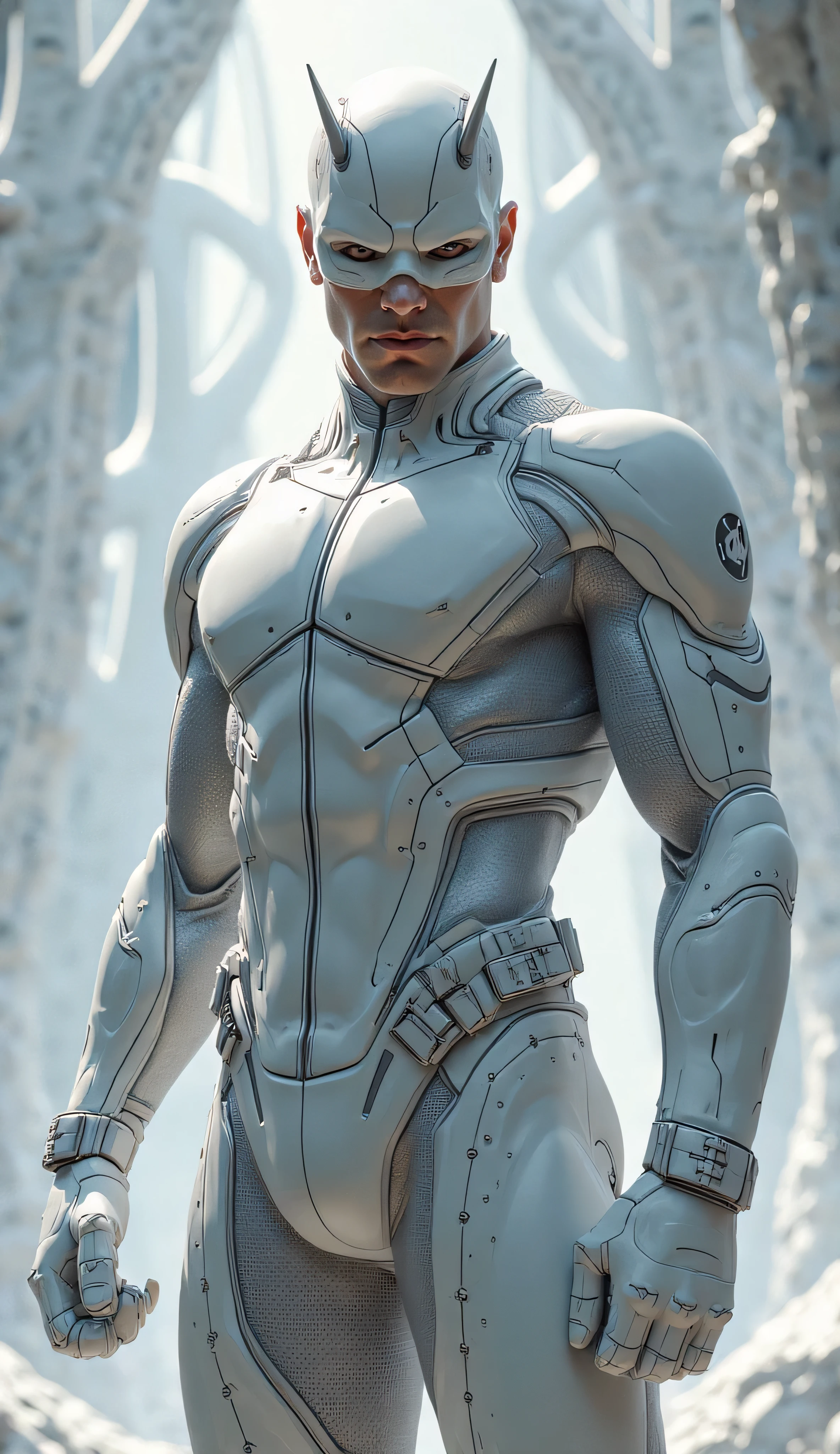 Ai genarate with a male picture 
With white glossy cyborg coustume with my face 
