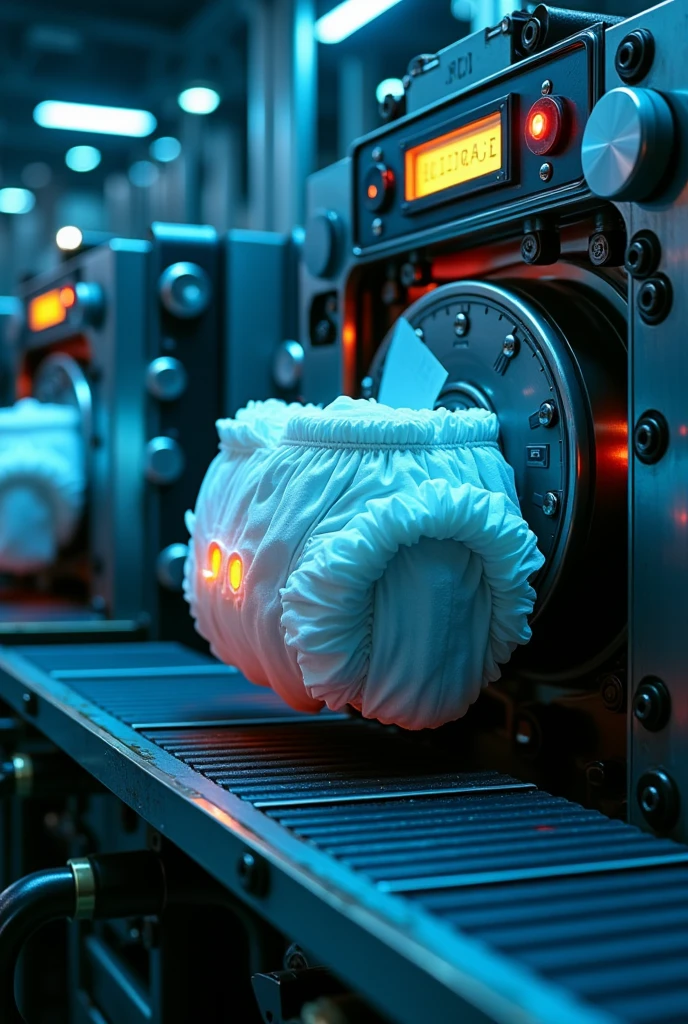 masterpiece, better quality, high resolution, Duration, complex mechanical mechanism, conveyor, Cyberpunkовская, produces large thick diapers, cute diapers, ruffled and ruffled diapers for adult babies (abdl), science, LED, Metal, anatomically correct, Very detailed, сверхhigh resolution, textured mechanics, sharp parts , Cyberpunk,   Cutting-edge  , realistic, сверхhigh resolution, excellent detail, Professional level, physically based visualization, professional studio lighting, sharp focus, Very detailed, bright colors, Bokeh effect, futuristic,   Cutting-edge  , Cyberpunk, A huge building, Metalический материал, mechanical parts, hologram, blue tone, dark and harsh atmosphere. 