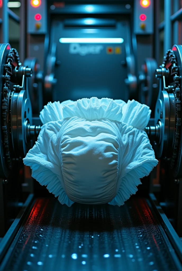 masterpiece, better quality, high resolution, Duration, complex mechanical mechanism, conveyor, Cyberpunkовская, produces large thick diapers, cute diapers, ruffled and ruffled diapers for adult babies (abdl), science, LED, Metal, anatomically correct, Very detailed, сверхhigh resolution, textured mechanics, sharp parts , Cyberpunk,   Cutting-edge  , realistic, сверхhigh resolution, excellent detail, Professional level, physically based visualization, professional studio lighting, sharp focus, Very detailed, bright colors, Bokeh effect, futuristic,   Cutting-edge  , Cyberpunk, A huge building, Metalический материал, mechanical parts, hologram, blue tone, dark and harsh atmosphere. 