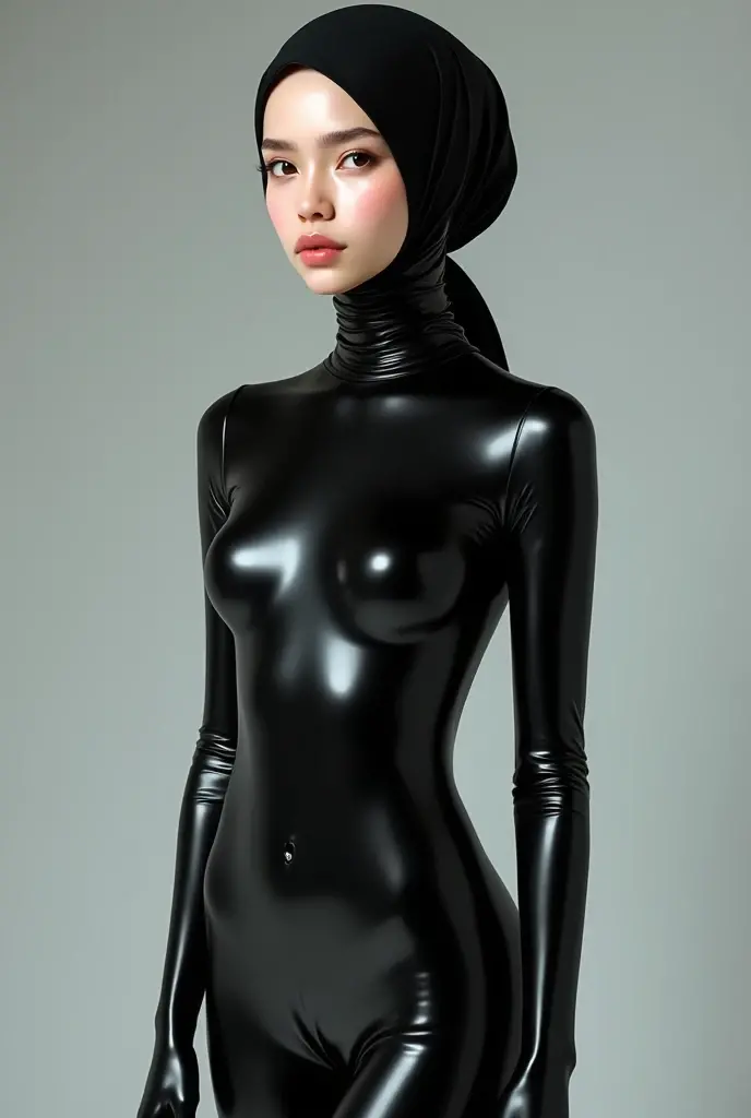 A teen girl malay wearing hijab . Innocent face. Long leg. Wearing full body black latex suit. High quality. High resolution
