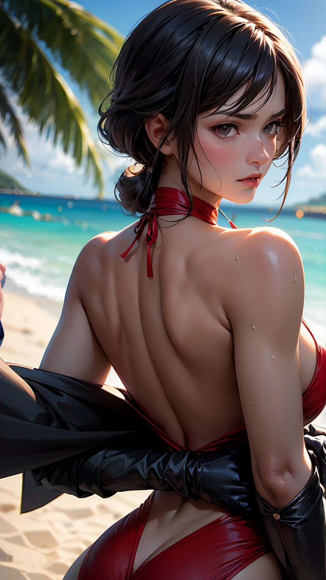 (((masterpiece))),(((High resolution)))、(((8K)))、(((perfect face)))、(((beauty of japan)))、30 years old、(((beautiful face))), (((simple swimsuit))), embarrassed look, thighs、top quality eyes, detailed texture, look at the camera, (big tits), (((back))), (((ass))), ((thigh)), (((sticking out the butt)))