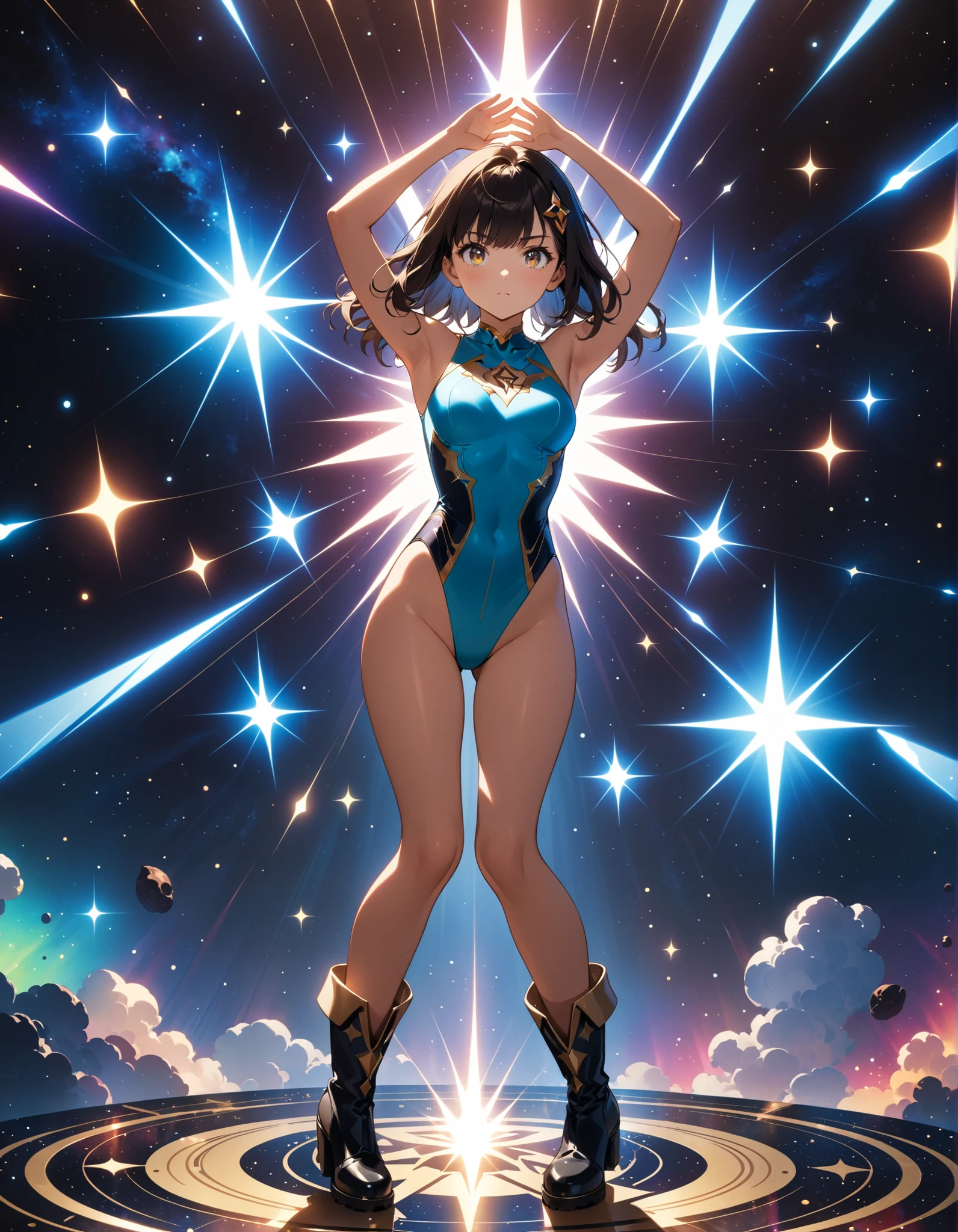 (1 girl), (solo), ((amanogawaki)), best quality, highres, high quality, 8k, HD, super detail, anatomically correct, UHD, accurate, (masterpiece:1.0), (high quality:1.0), (ultra detailed), (Planets on a Galaxy background), Looking Back, Looking At viewer, Serious Face, detailed eyes, (Black Leotard), (Black thigh Highs), (perfect hands)
