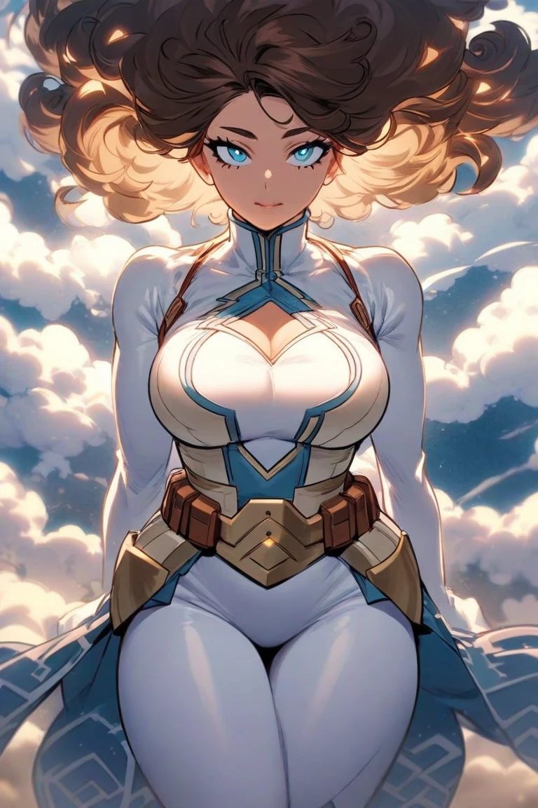Busty muscular flying superheroine, white golden costume and cape, strong huge biceps, strong tonned abs, enormous round tits, huge firm boobs, hypermuscular bodybuilder, flying over the city, black short hair
