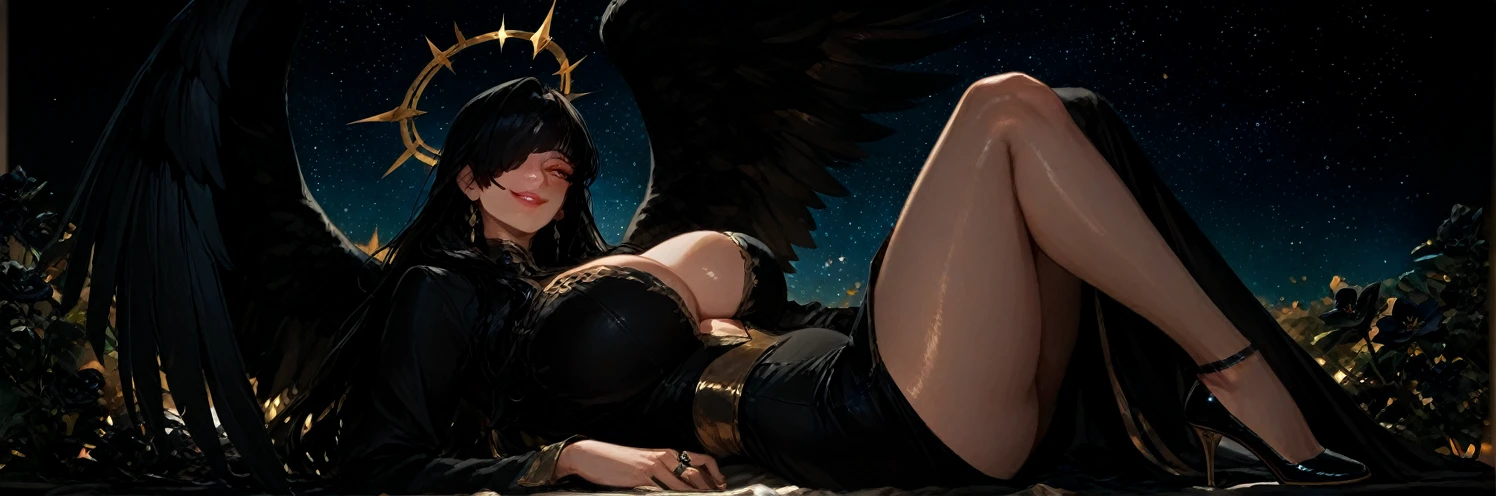 full body portrait, a young female angel of death with black wings and halo, naked, massive tits, simple background, dark, surrounded by black butterflies, (beautiful face), (supreme quality beautiful bright eyes), (upturned eyes), (hyper extreme supreme quality beautiful women), (high resolution), (sharp, in focus), (realistic lighting, cinematic lighting), {bare feet:1.3}, Black Toe Nail Polish, seductive, black pubic hair