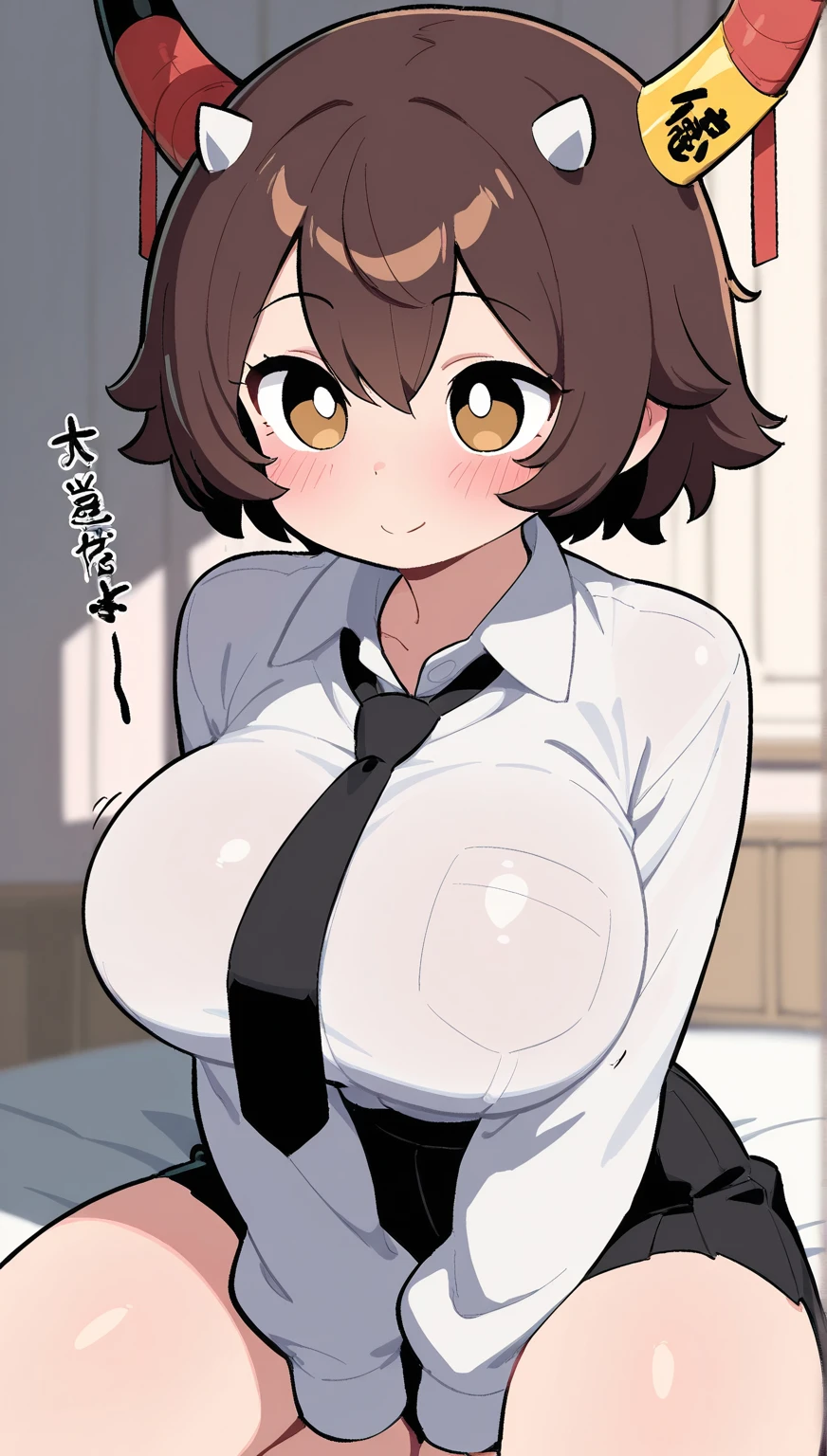 score_9, score_8_up, score_7_up, source_anime, 1girl, black eyes, room, wariza, medium hair, bob haircut, dark brown hair, gradient hair, portrait, solo, Adult woman, best perfect anatomy, thin, curvy body, medium breasts, curvy body, close up shot on person, a woman showing happy, close up shot on person, pov_doorway, a woman showing his hand, mature woman standing poses, wear mouth mask, skirt suit, (((three-piece suit))), necktie, blazer, (((suit jacket))), (((waistcoat))), double-breasted waistcoat, bodycon miniskirt, pencil skirt, tie clip, pocket square, pocket watch, white format gloves, pantyhose, dynamic angle. perfect dynamic composition, foreshortening, dramatic shading, volumetric lighting, hotel room background,