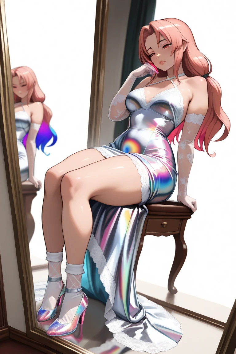 1girl,pink hair, open forehead, housewife, in the kitchen, blue eyes, slim waist, 20 years old, long legs, adult, correct anatomy, best quality, detailed eyes, high-quality hair, 2 eyes, 2 hands, correct leg anatomy, 2 legs, correct hand anatomy, long eyelashes, beautiful lips, lots of details, an adult beauty