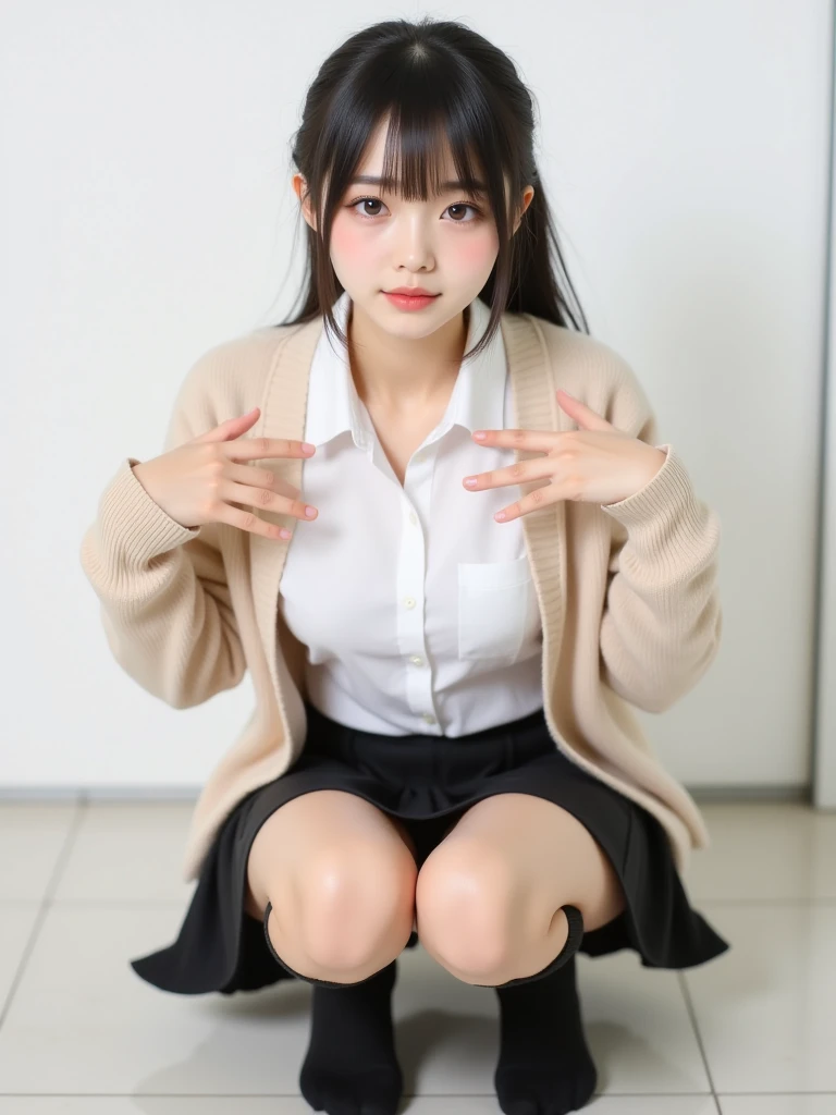 1 girl,girl wandering around the library,round face:1.4, Ugly face:1.8,blaid hair,Honor student,,one's legs spread ,Pull up your clothes and show your flush tits,show off your panty,white panty,Age 18 face:1.4, full body, suits for women,mini skirt japanese cute girl make, squatting ,up skirt ungle, both shoulders,