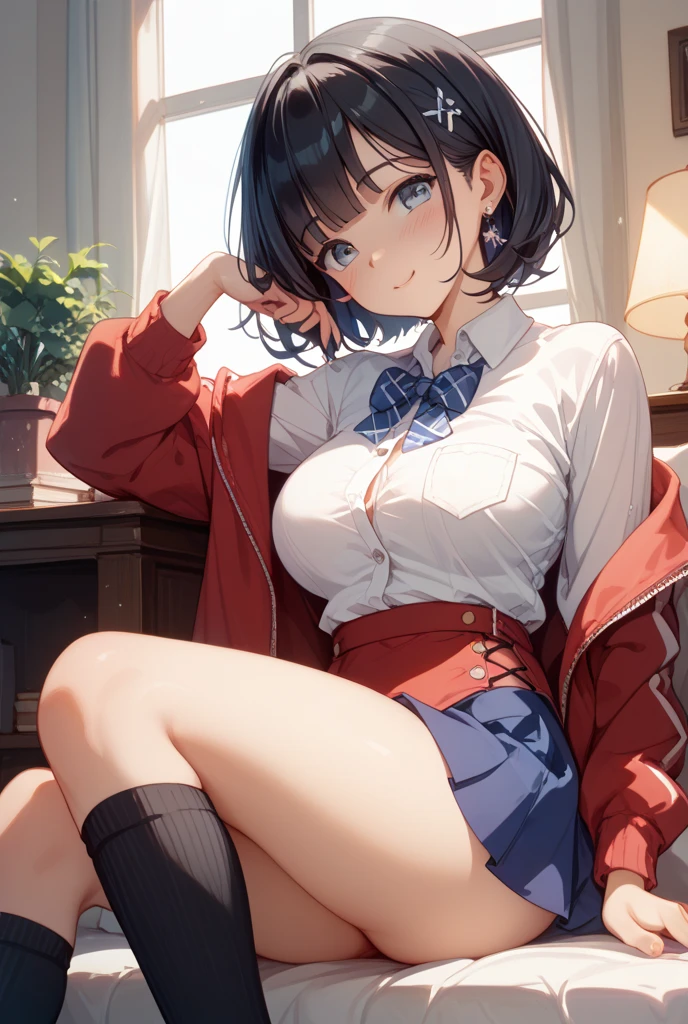 (8k, RAW Photos, Highest quality, masterpiece:1.2), High-quality RAW color photos,Boob proportions、((solo:1.2))、White knee-high socks、Black Loafers、Sitting on the sofa、