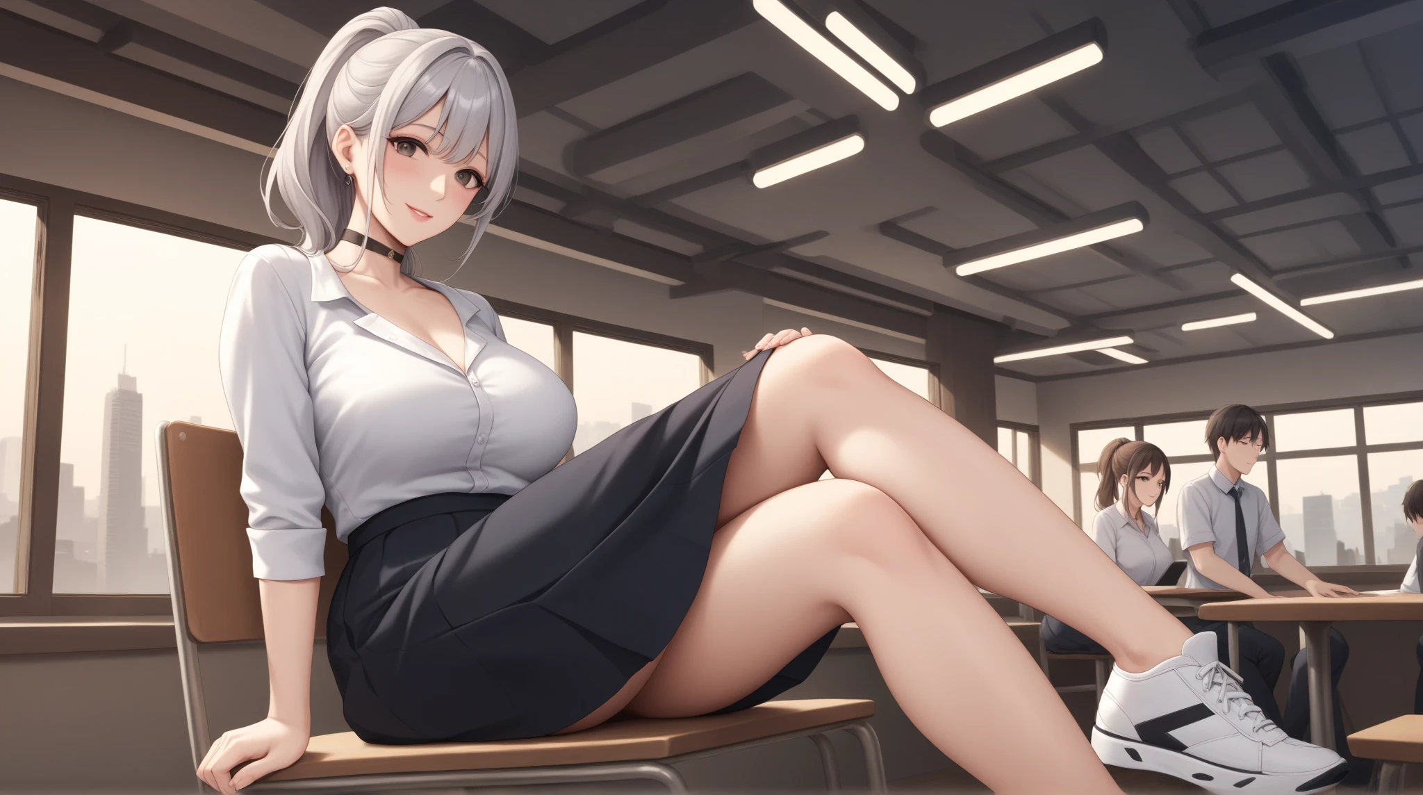 1 woman, 17 years old, (updo, grey hair), plump body, black eyes, Indonesian high-school uniform, (wearing transparent white shirt, show shoulders, show cleavage), osis logo on shirt pocket, huge XL breasts, light-grey pleated skirt, sitting on a chair, seductive pose, full body shot, side view, smiling, in the classroom.