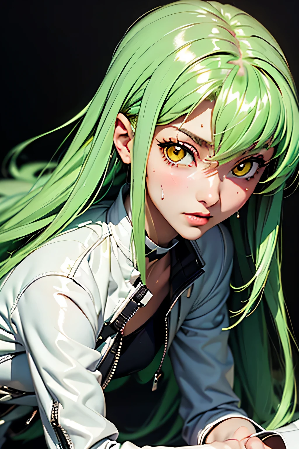 long hair,looking at viewer,bangs,closed mouth,yellow eyes,green hair,bodysuit,upperbody,white bodysuit,straitjacket,c.c. best quality, newest, aesthetic,very aesthetic,