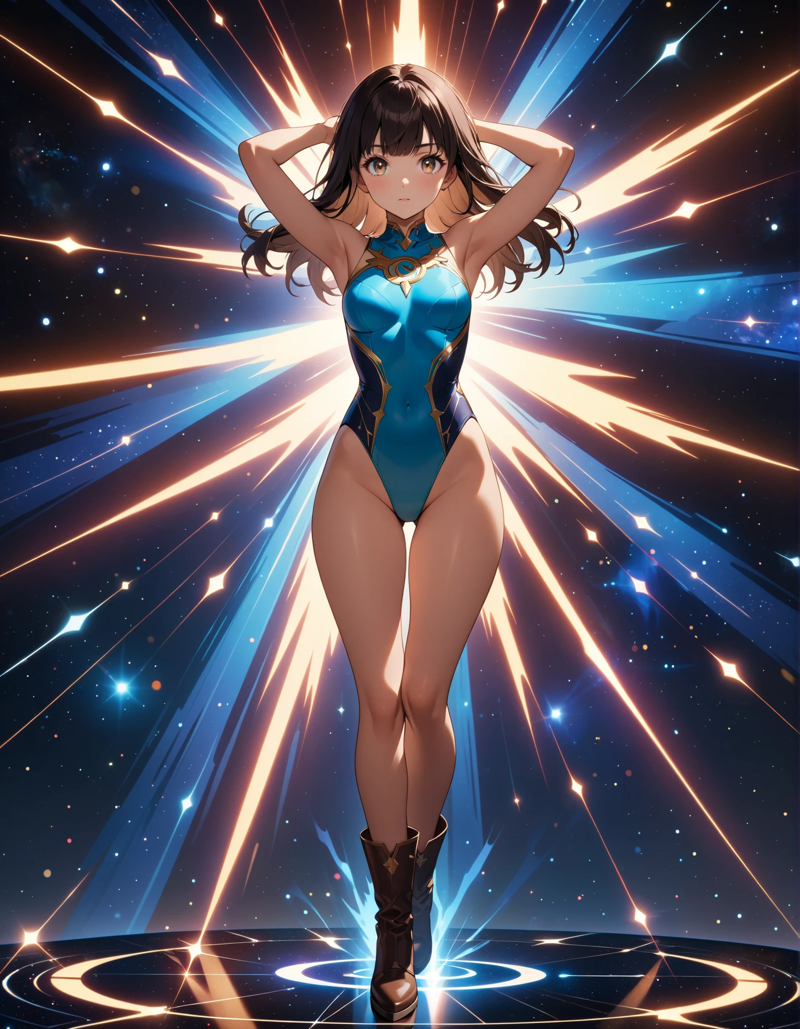 (((pixel-perfect, detail-perfect))), 1girl, superhero, leotard, highleg leotard, bare legs, boots, standing, solo focus, spread arms, ((spins fast in place like a tornado)), full body shot, outer space, sleeveless, ultra highres, absurdres, beautiful face, detailed eyes, symmetric eyes, perfect body, good proportions, brown hair, (blue light, light swirls around her body, wind swirls around her body), ((only five fingers)), tornado spin