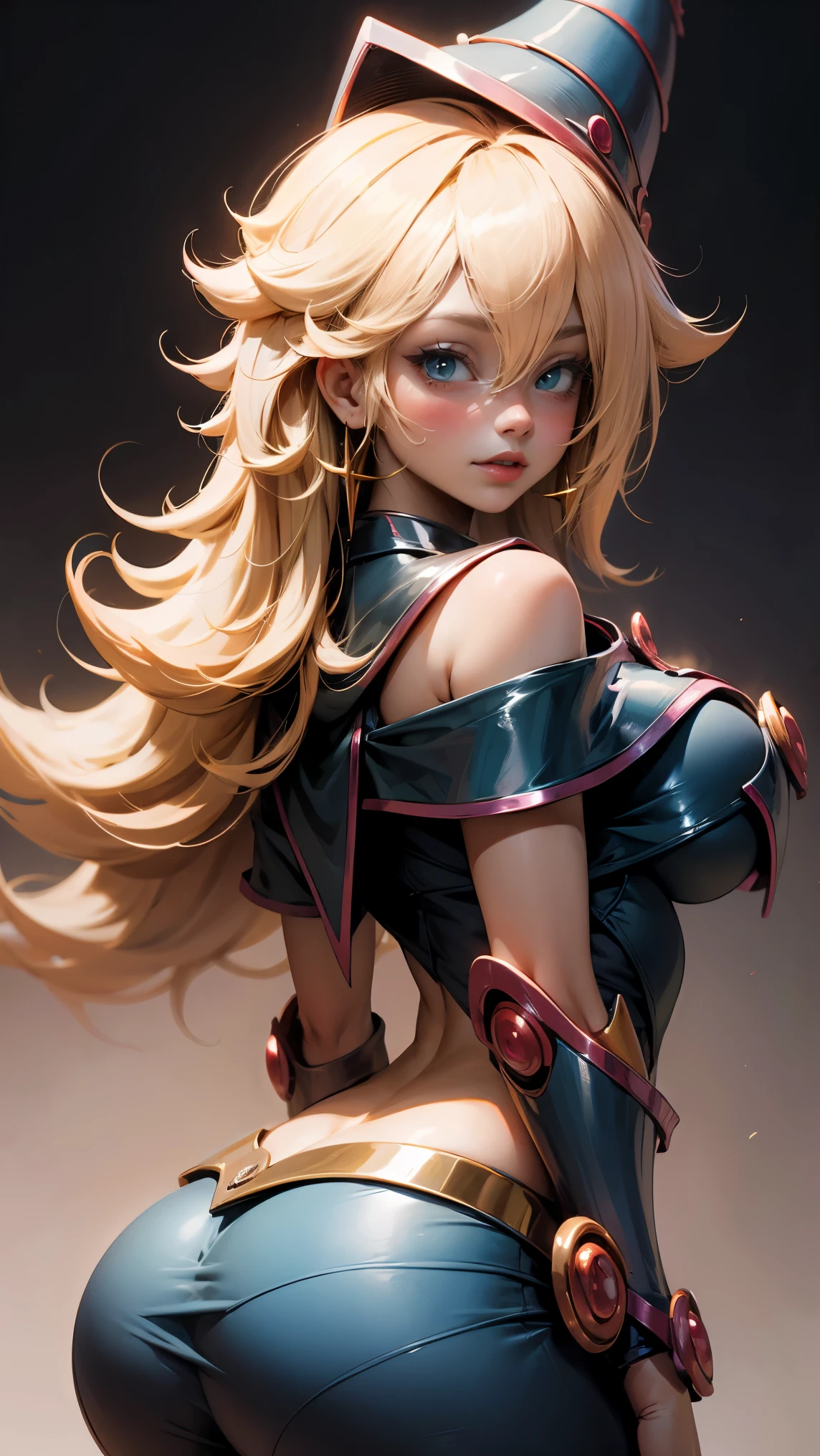 beautiful dark magician gils . long castaño hair. Cabello rizado. Rizos. . Cefe eyes. Red lips. Large, thick eyelashes . smiles. blush on cheek. visible breasts, from the back and looking back.