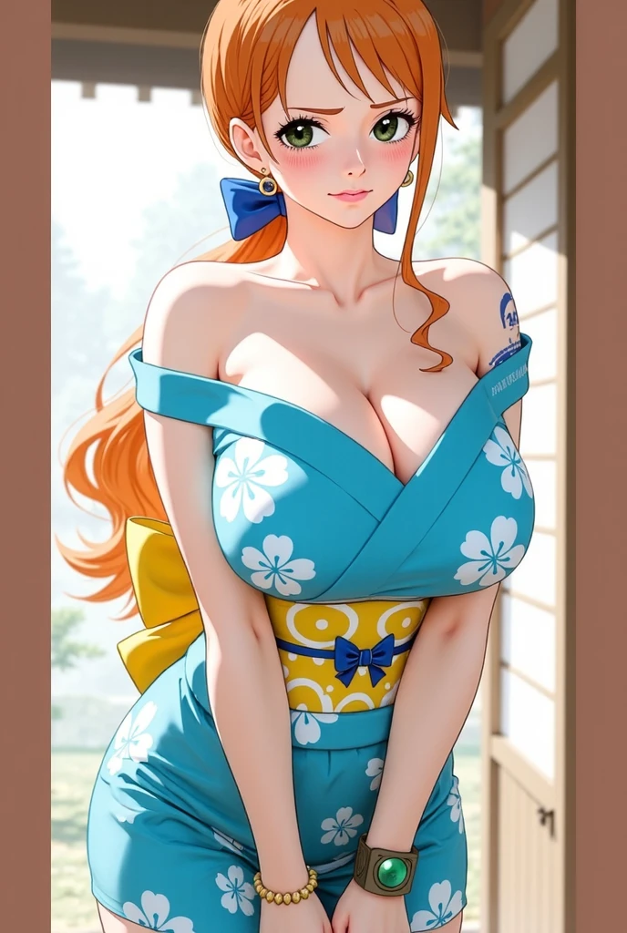 score_9, score_8_up, source_anime, best quality, nami, NAAmi, orange hair, orange eyes, long hair, large breasts, standing, looking at viewer, china dress, dynamic angle, smile, indoor, cowboy shot