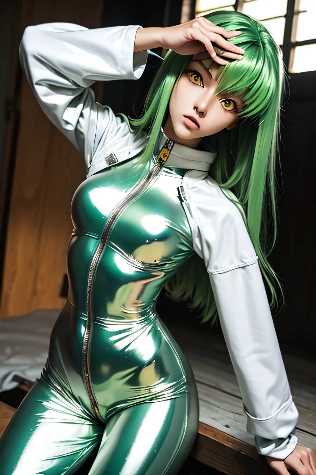 cute girl with big curves in a tight suit. Anime style, big eyes, detailed eyes, big fluffy green hair, hair dynamic, hair volume.
Action pose.
